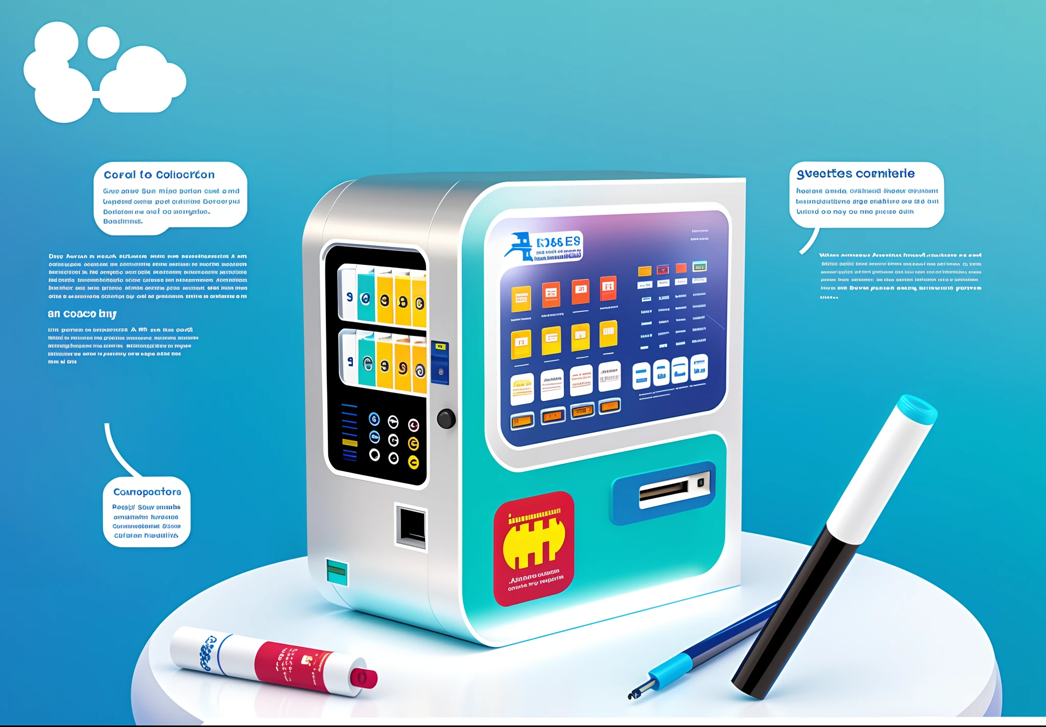 Close-up of e-cigarette with display,The body carries the elements of an e-cigarette,vending machines,sci-fi vending machine,3D product render,Some are more specific, Descriptive scenarios may appear on the computer,por exemplo, Someone went to the vending machine to buy some medical supplies,Or describe the purchase of medical supplies in the machine, etc,Some combinations of foil scene elements, Product rendering,Stylistic references attract attention,Healthy,safety,Trusted representative elements,There are reasonable ones on the fuselage, For example, Someone goes,Buy a bandage on the machine,Or masks or something, etc,The overall color is mainly cyan and blue,Color distribution is 50 each%,Wish there were more elements,A little diversified,Fewer colors
