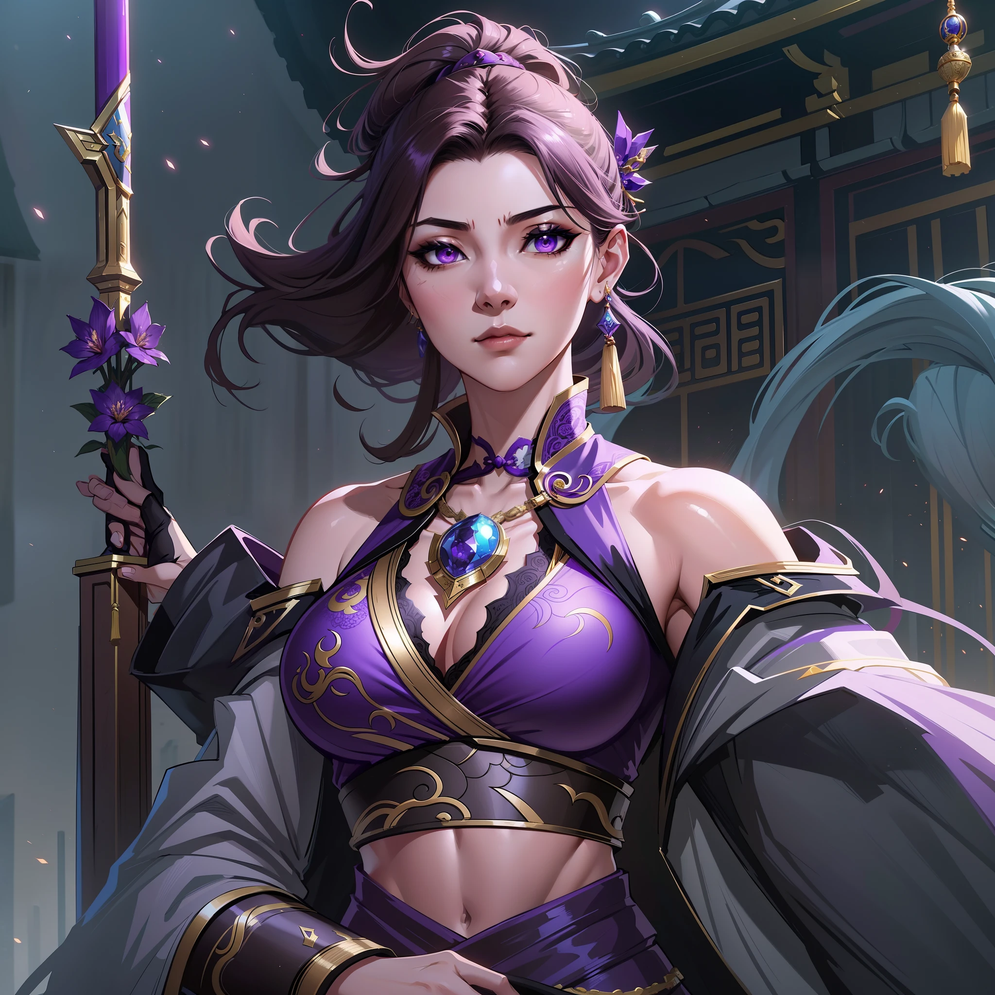 a close up of a strong amazon woman in her 30's, with purple eyes and grey-brown hair, wearing a black and purple ball gown dress, a heroine with purple eyes, martial artist holding polearm, standing in a chinese temple, new costume concept design, in the style of blade and soul, full body character concept, detailed character design, inspired by Yang Jin, inspired by Li Mei-Shu, chinese costume, inspired by Lan Ying, inspired by Sim Sa-Jeong, inspired by Li Tang, lunar themed attire, costume with blue accents, inspired by Ju Lian, colored concept art, highly detailed character design, highly detailed face, inspired by Ai Xuan, very highly detailed face, unreal engine render, final fantasy 14 style, inspired by Leng Mei