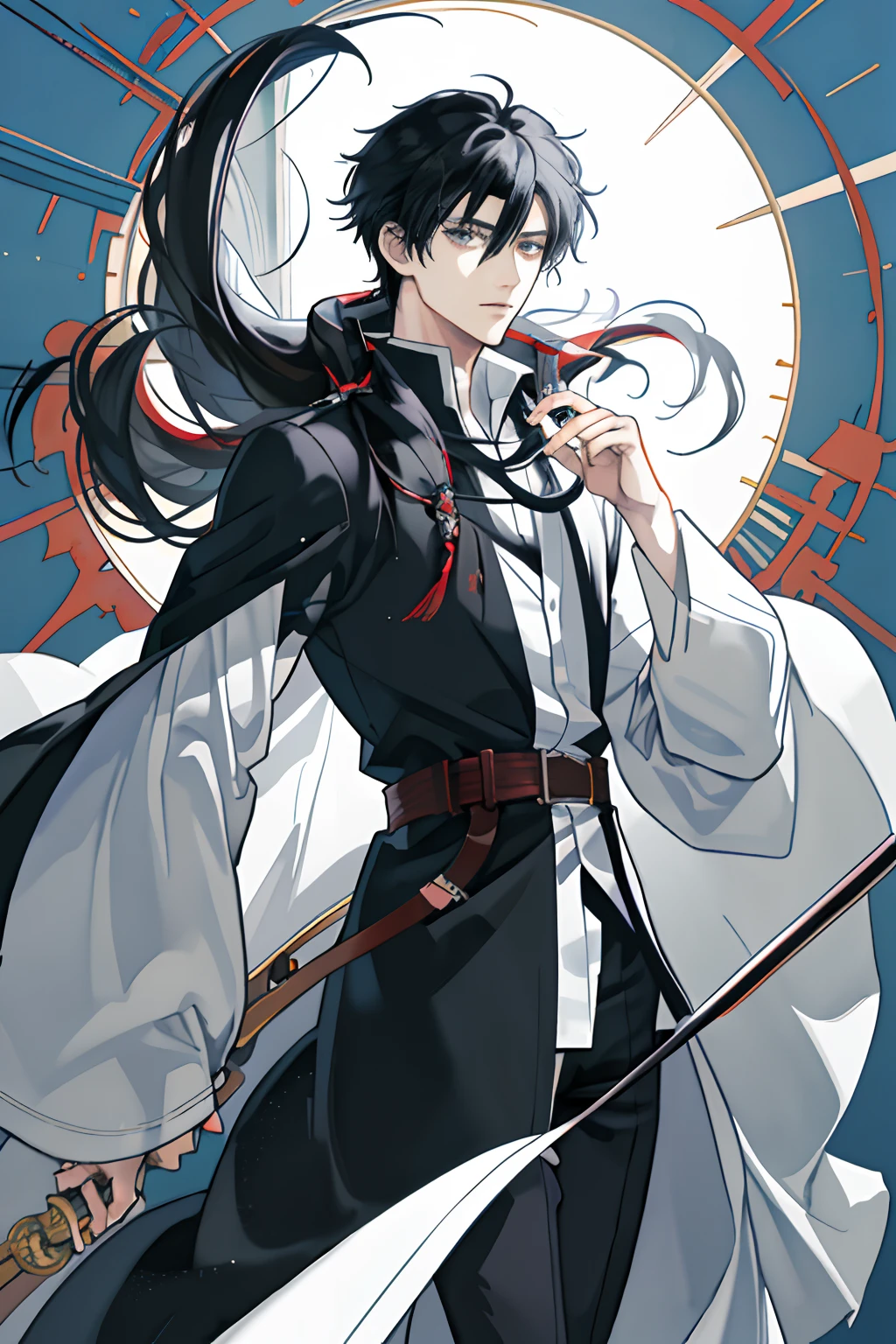 Anime - Black hair white shirt man image, Long-haired anime tribe boy, Long black hair grows, detailed anime character art, shigenori soejima illustration, wearing a long coat, Long-haired cape, male anime character, Black long straight, kentaro miura art,Frontal photo
