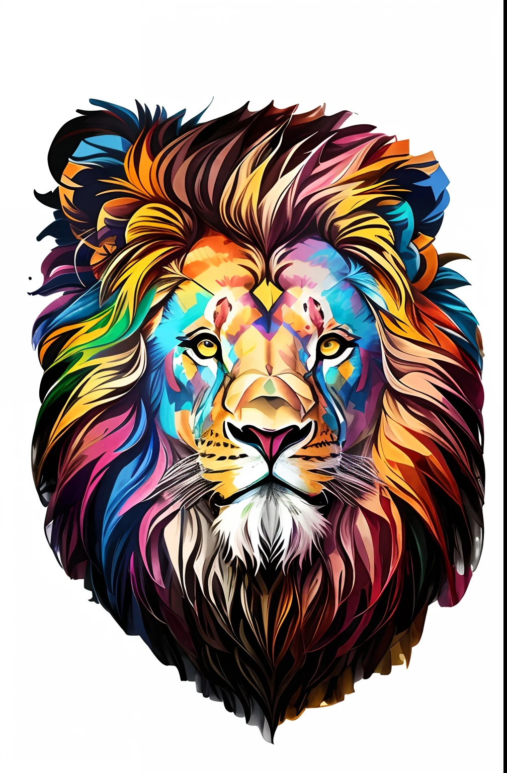 A colorful lion's head,Long mane and beard, lion head, , number art, painted in bright water colors, proud expression, Intense and vivid colors, third lion head, 2 d full body lion, Extremely colorful, colorful illustrations, lion, half lion, , multicolored tshirt art,aquarelle,Delicate watercolor