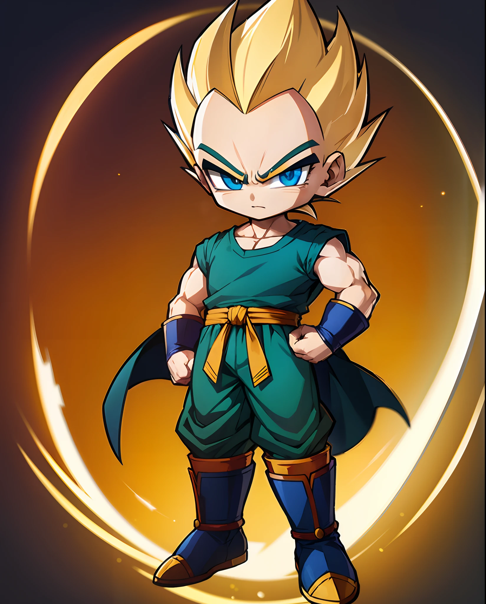 best quality, masterpiece, Vegeta_\(Dragon Ball\), Super saiyan, solo, chibi, best ratio for fingers and one thumb, Yellow hair, Hair standing upright, full body, blue Shirt, card background, Blue clothes, white gloves