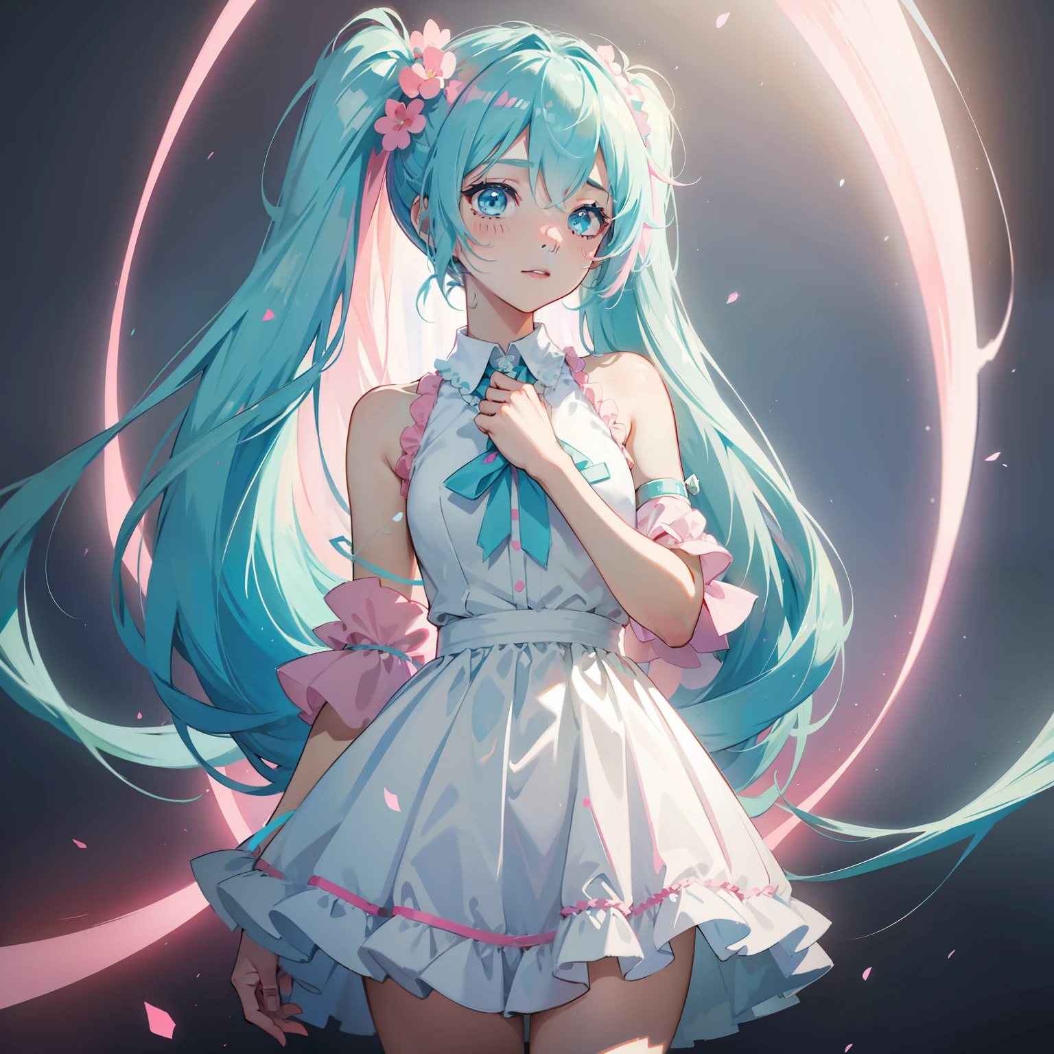 Hatsune Miku White dress cyan to pink gradient hair clean background cyan to pink gradient hair