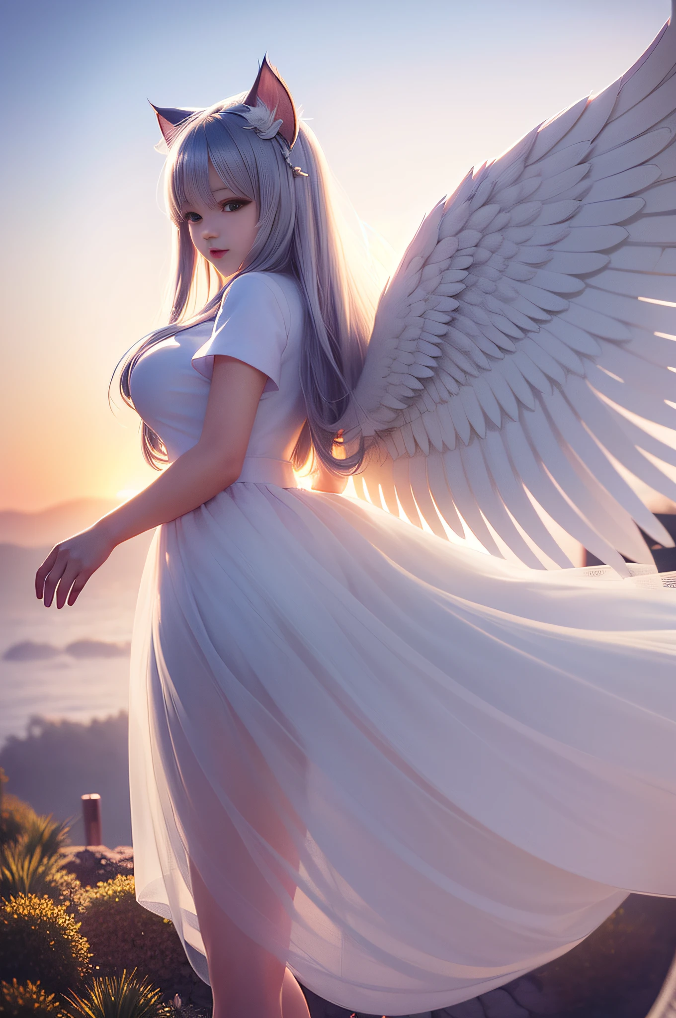 masterpiece, ((best quality)),highly detailed,pov,floating white feathers,backlighting,cloud,solo,(white_hair),long hair,yelow_eye,petite,large breast,(angel : cat_girl : 20),cat_ear,halo,wings,white_dress,