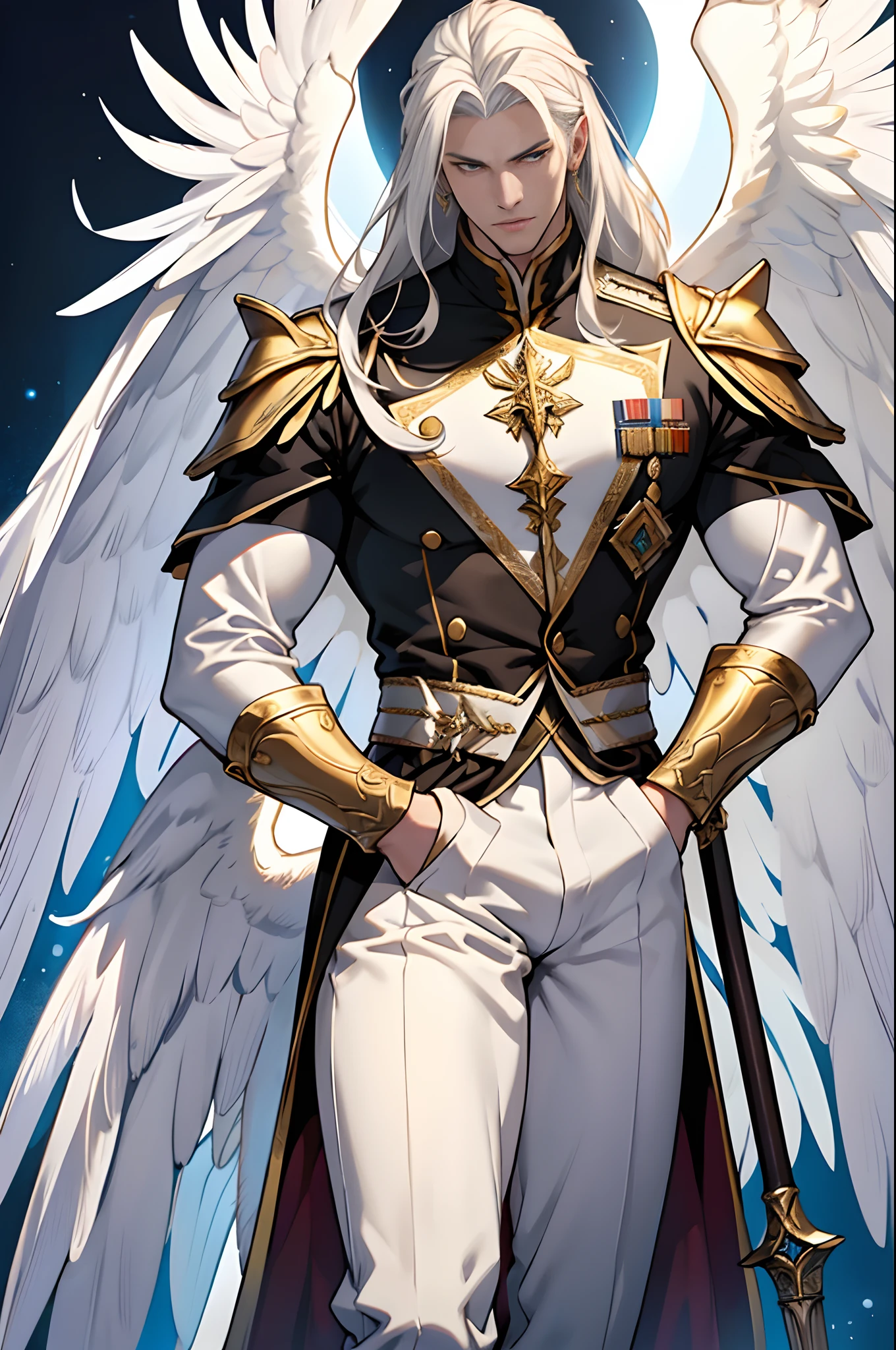 Caius is a handsome male, stands at 7ft tall. He has an athletic body structure. He wears royal attire thats silver and gold. He has beautiful white silky hair and an golden color. He is seen with a staff. He has huge white wings. A big bulge in his pants. White Phoenix human form, good quality, ultra high quality