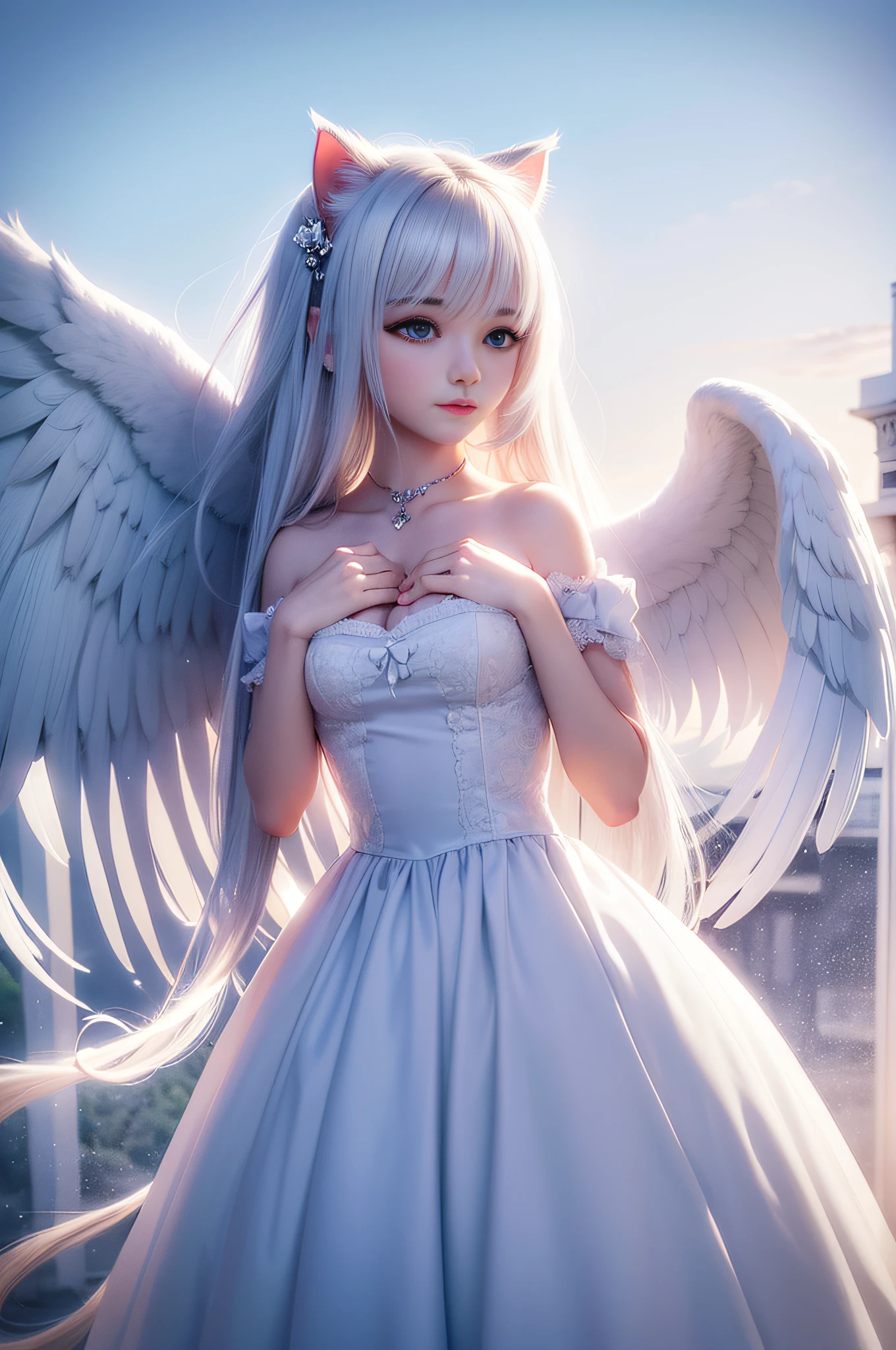 masterpiece, ((best quality)),highly detailed,pov,floating white feathers,backlighting,cloud,solo,(white_hair),long hair,yelow_eye,petite,large breast,(angel : cat_girl : 20),cat_ear,halo,wings,white_dress,