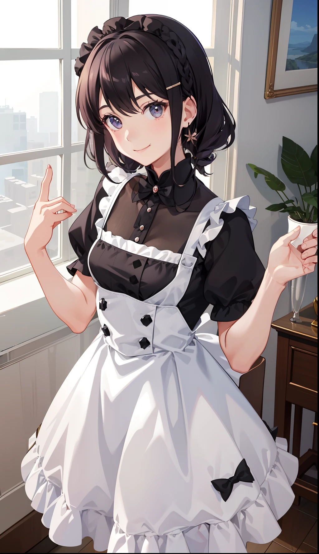 1girl in、A smile、A delightful! pinafore、doress、hair adornments、Maids(small tits)