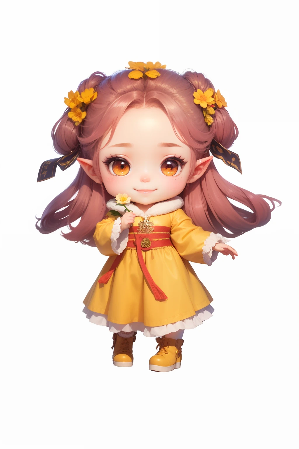 A girl with a flower in her hand, She smiled brightly，Furry collar，highly detailed character, cute character, elf girl wearing an flower suit,Guviz-style artwork, lalafell, detailed character, palace ， A girl in Hanfu,