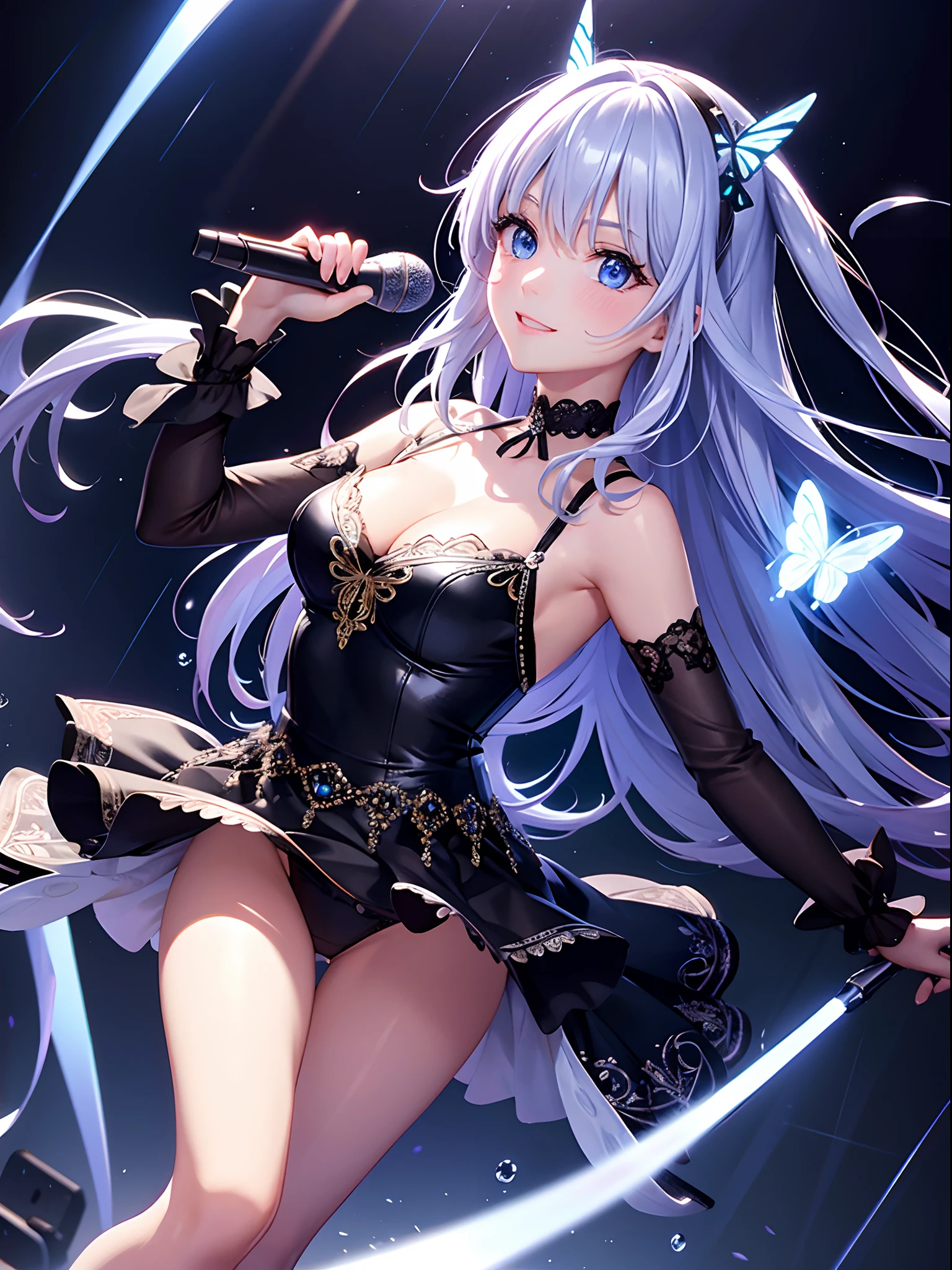 Illustration, cinematic light, high resolution, best quality, ultra detailed, detailed face, (detailed eyes), highest quality, super detailed, masterpiece, (detailed face), pretty face, best smile, sexy mature woman transparent (cute t-shirt) cloth, floating cloth, see-through, choker, , D cup, cleavage: 2, NSFW, high heels, blue eyes, neon small shiny hair edges, ruffled mini skirt, AI fantasy concert, glowing lighting with neon details, holding a microphone in left hand and singing: 15, black magic 💕, (live stage: 1.15) in the background audience, butt sticking out and singing, light reflection, heart-shaped iris, playful eyes, open shoulders, rain, (wet body), small glowing butterfly, hair jewelry, panties, (cute embroidered white string panties)