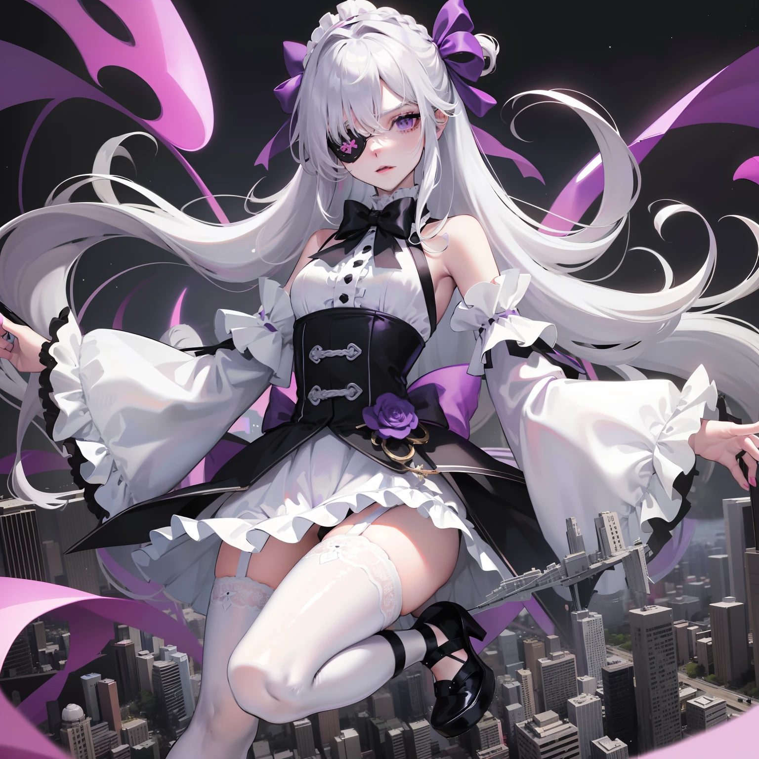 long  white hair，Short stature，Purple eye，is shy，Black hairpin，longer sleeves，****ta prostitute，Purple with white，short  skirt，White stockings，black heels，dreads，sense of science and technology，Wear an eye patch over the right eye，Fold your sleeves around your hands，Black bow，timid，adolable