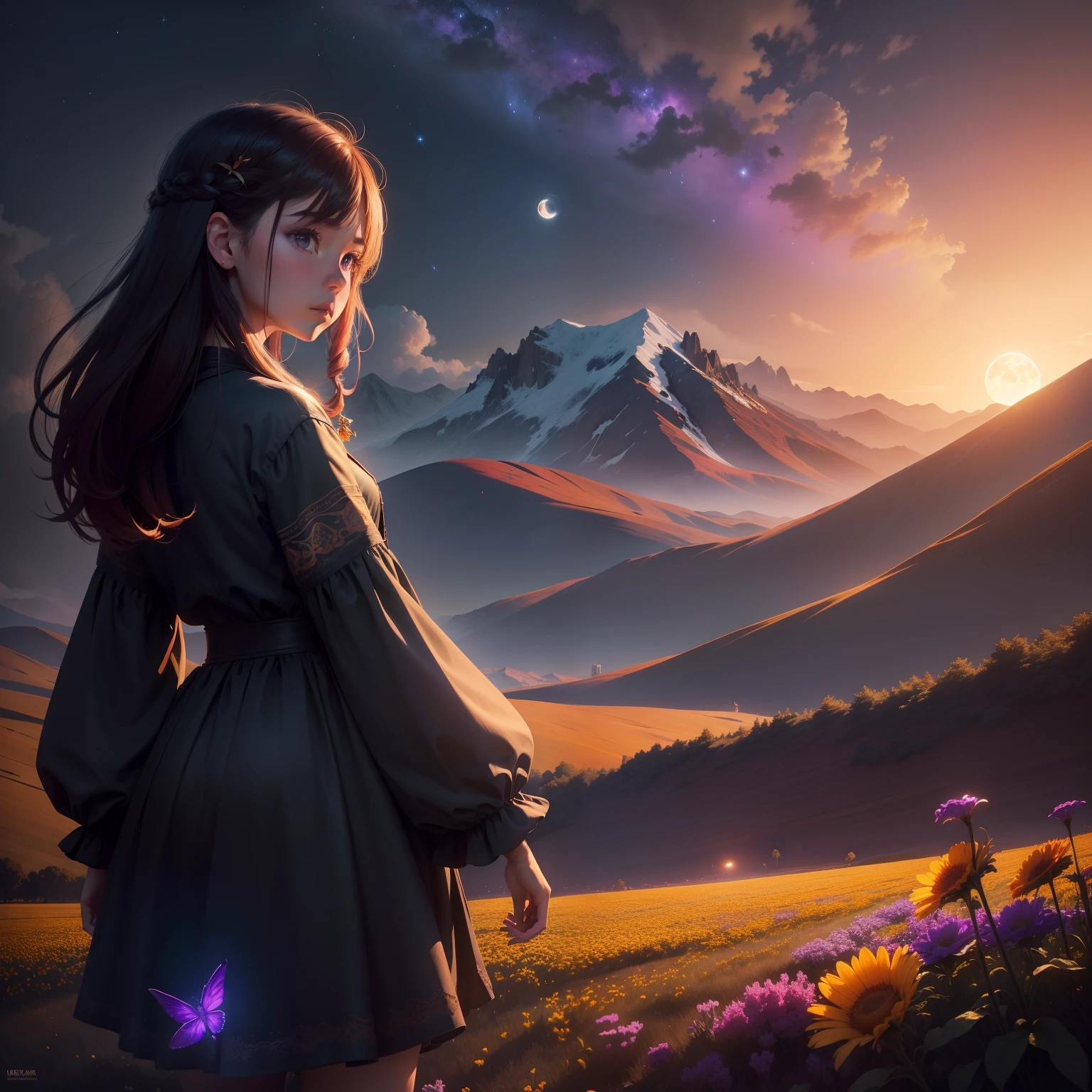 A wide landscape photo, (viewed from below, the sky is above, and the open field is below), a girl standing on a flower field looking up, (full moon: 1.2), (meteor: 0.9), (nebula: 1.3), distant mountains , Trees BREAK Crafting Art, (Warm Light: 1.2), (Firefly: 1.2), Lights, Lots of Purple and Orange, Intricate Details, Volumetric Lighting BREAK (Masterpiece: 1.2), (Best Quality), 4k, Ultra Detailed, (Dynamic Composition: 1.4), Rich in Detail and Color, (Rainbow Color: 1.2), (Glow, Atmospheric Lighting), Dreamy, Magical, (Solo: 1.2)
