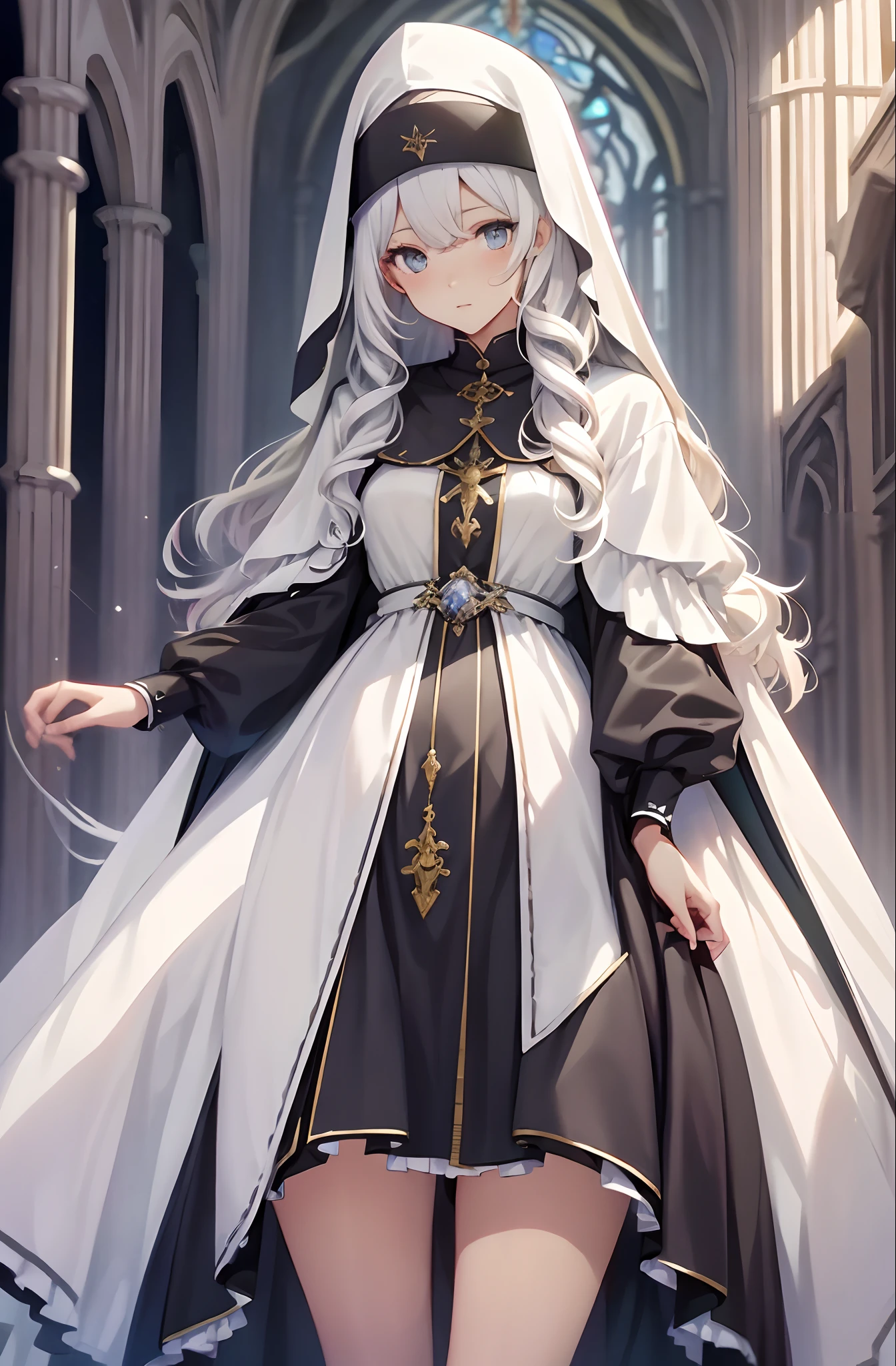 best qualityer,tmasterpiece,Ultimate resolution,downy,Extremely colorful,Colorful,saintess,silver-white long hair,curlies,a matural female,brassier,Nun dress,The kinky is exposed,cathedrals,Sanctuary,Normal posture