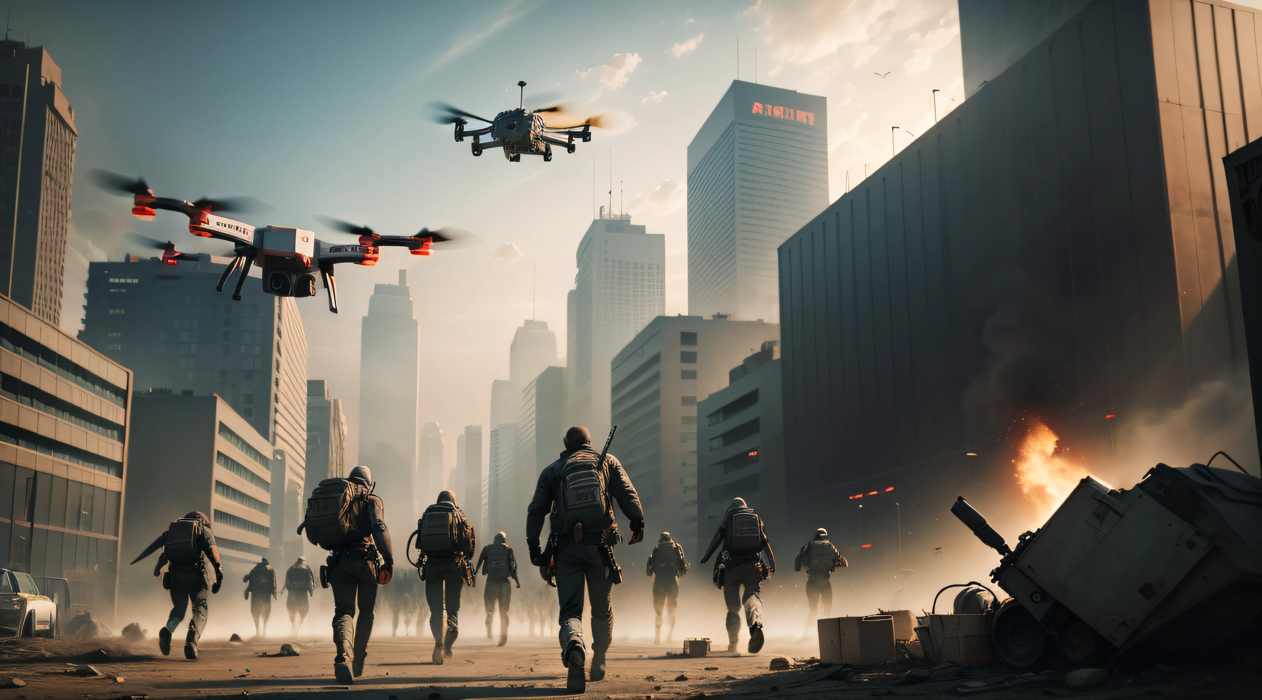 a crowd of people being chased by drones that are shooting, A post-apocalyptic war environment, a wide scenery without focusing on faces