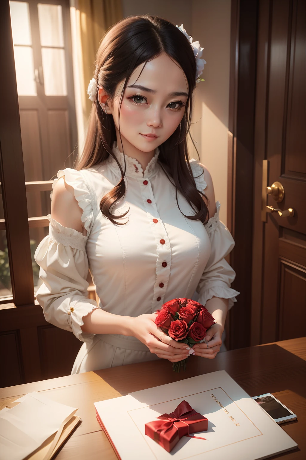 The husband quietly put the gifts and roses on the table,The face was full of expectation。The picture should be warm,