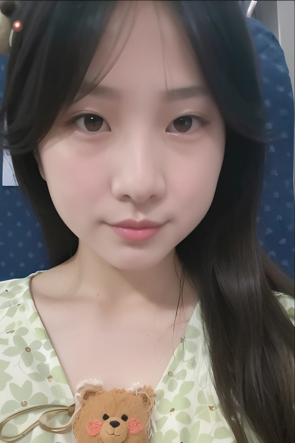 Arapei girl with brown teddy bear on green and white dress, jaeyeon nam, Choi Hyun-hwa, Kim Tae-joon, Lee Ji-eun, lee ji eun, headshot profile picture, Shin Jinying, 8k selfie photograph, young lovely Korean faces, jiyun chae, sangsoo jeong, Korean girl, cute delicate face