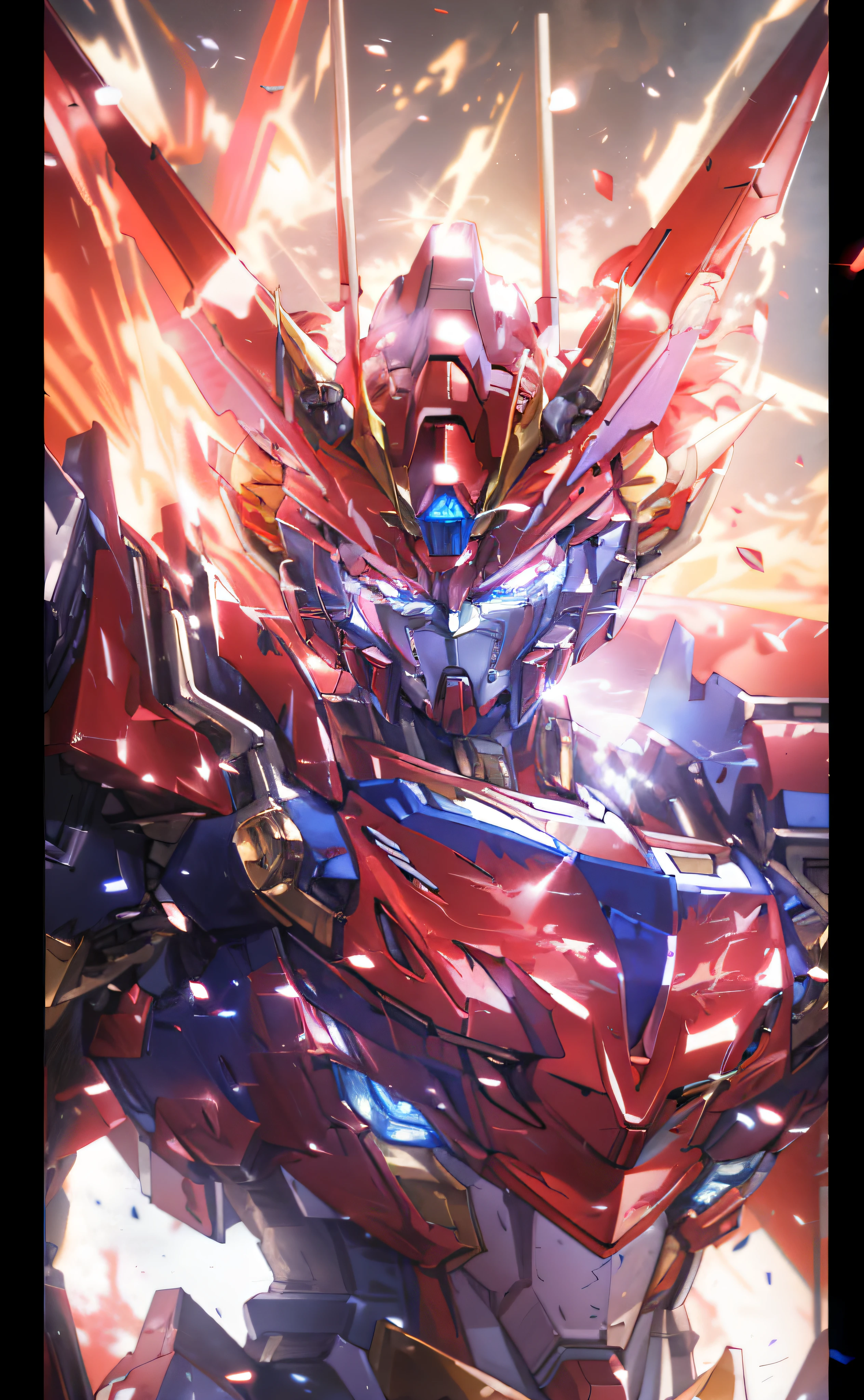 a close up of a robot with a red and blue suit on, ssss.gridman, red gundam head, gundam, god king of ai art, mobile suit, mecha art, advanced digital anime art ”, gundam head, official art, gundam style, goku fused with optimus prime, full art, zerochan art, extreme gundam, robot mecha female dragon head
