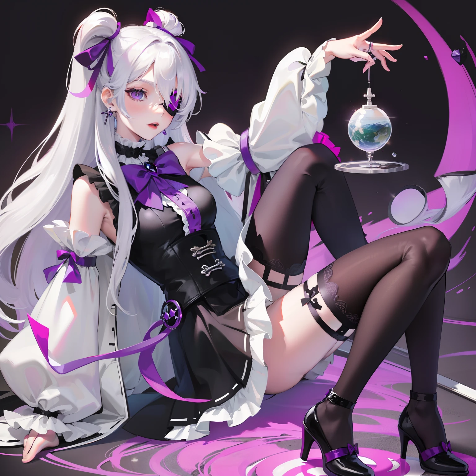 long  white hair，Short stature，Purple eye，is shy，Black hairpin，longer sleeves，Lolita prostitute，Purple with white，short  skirt，White stockings，black heels，dreads，sense of science and technology，Wear an eye patch over the right eye，Fold your sleeves around your hands，Black bow，timid，adolable