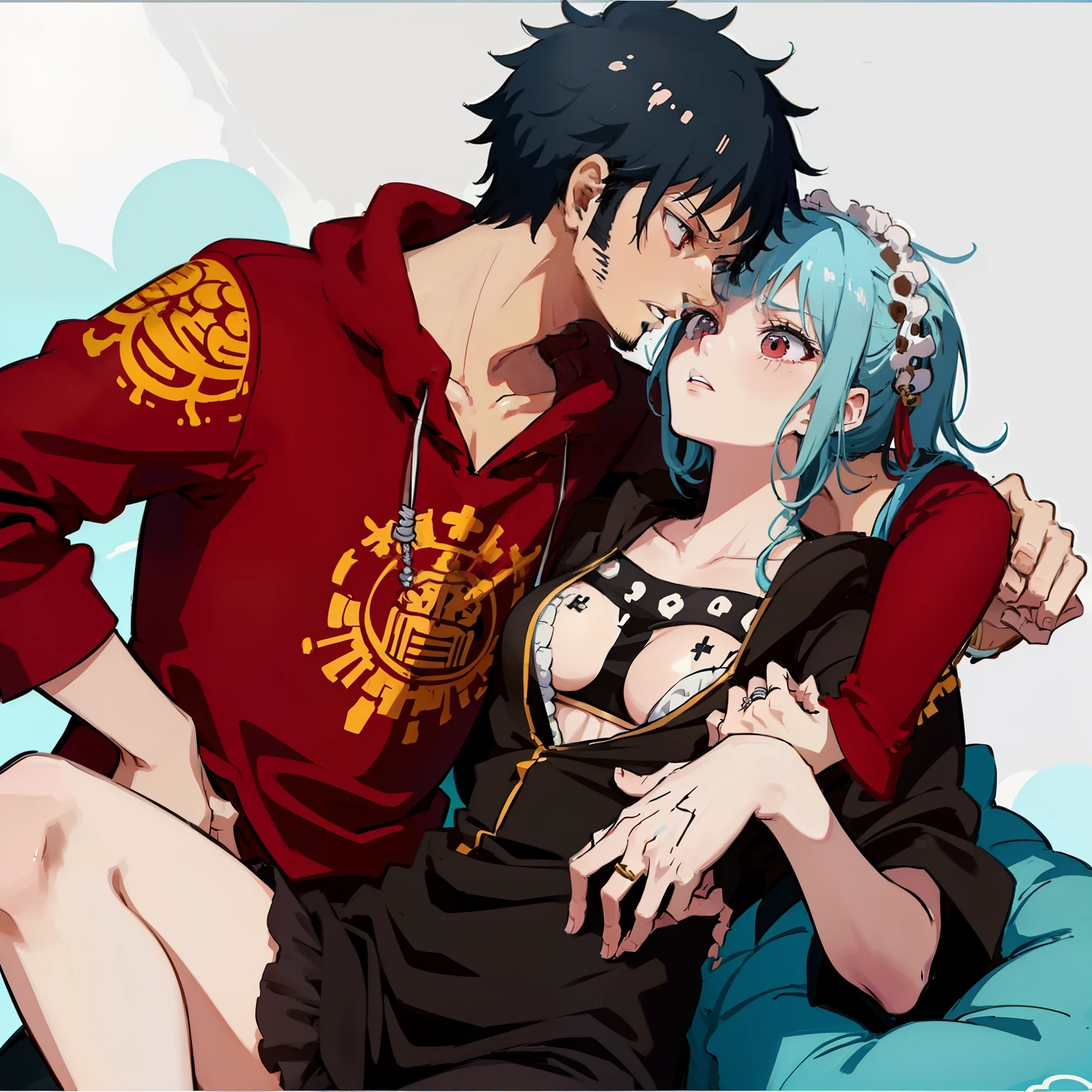 2guys、Trafalgar Law、Hugging  girl with short light blue hair and red eyes、The cuddling girl is short stature