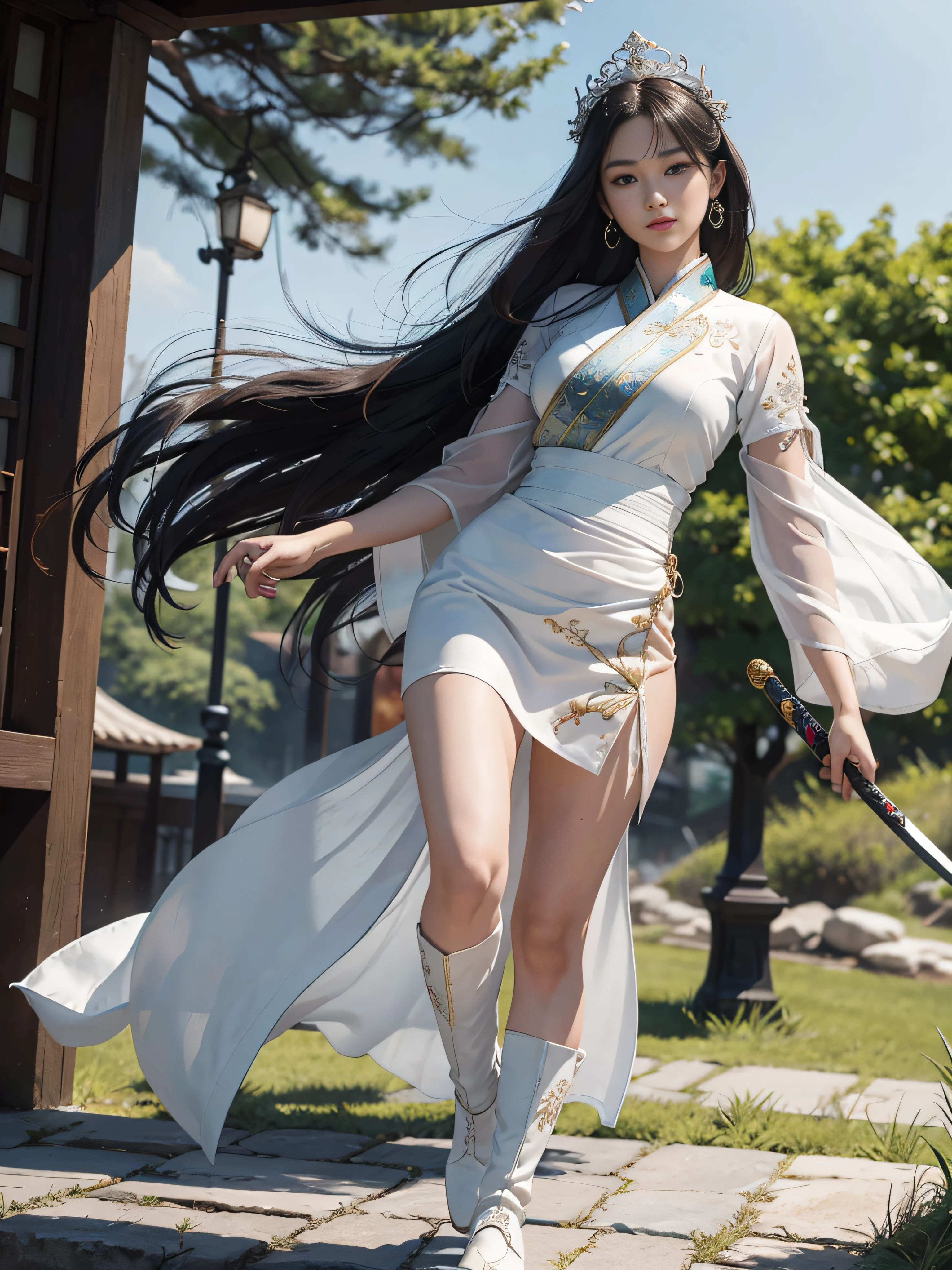 Royal sister，Big sister type，Oriental women，gallant woman，Cold sass，short detailed hair，,tmasterpiece,A high resolution,,Absolutely beautiful,，（Wide buttock：1.4），（Thick legs：1.4），are standing，exquisitedetails,A high resolution,Wallpapers,1female,独奏,，enchanted、Raised sexy， Rich expressions， trinkets，Tight white hanfu,,校服，Short sleeves tight white trousers，Wearing white boots，With a sword，embroidery, natural poses,standing on your feet， Fanning，16K，HDR，A high resolution，depth of fields，Bocoon，prime time，Vignette，rainbowing，