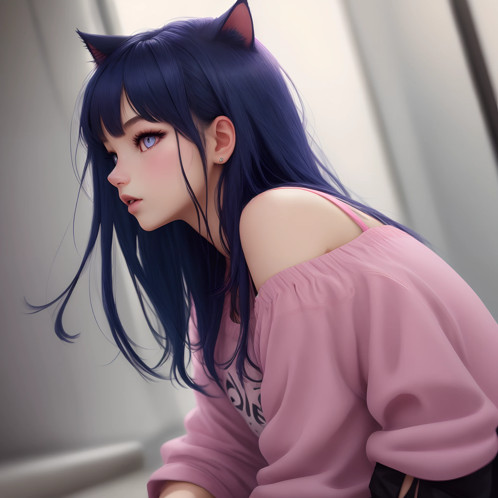 catgirl, dark blue hair, pink eyes, short side profile