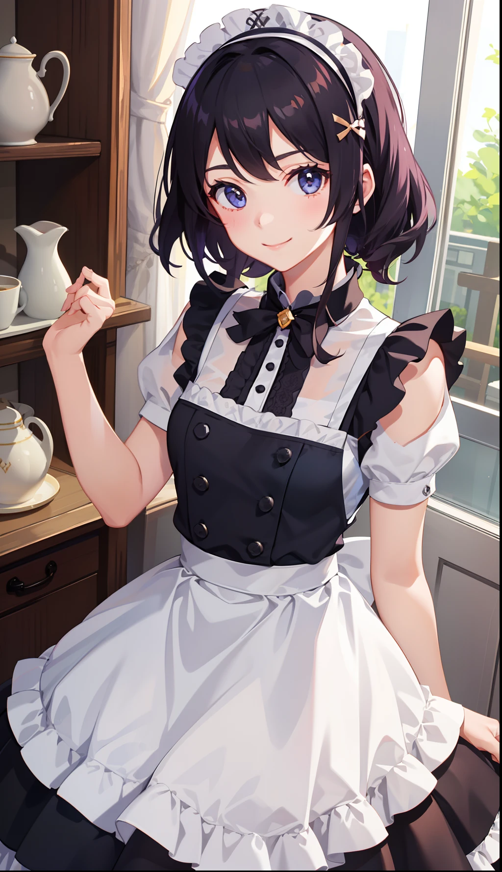 1girl in、A smile、A delightful! pinafore、doress、hair adornments、Maids(small tits)