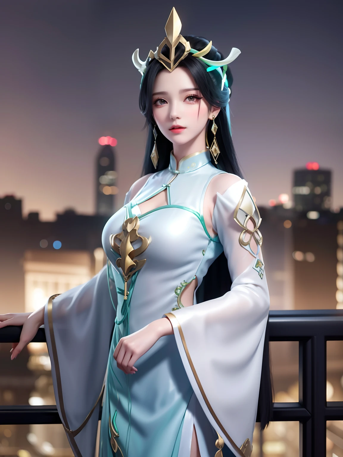 1girll,hair adornments,Long hair,Earrings,forehead mark,dress,Cityscape,Night,Mature female,Cowboy shot,view the viewer,Long sleeves, Chinese clothes,Trim,