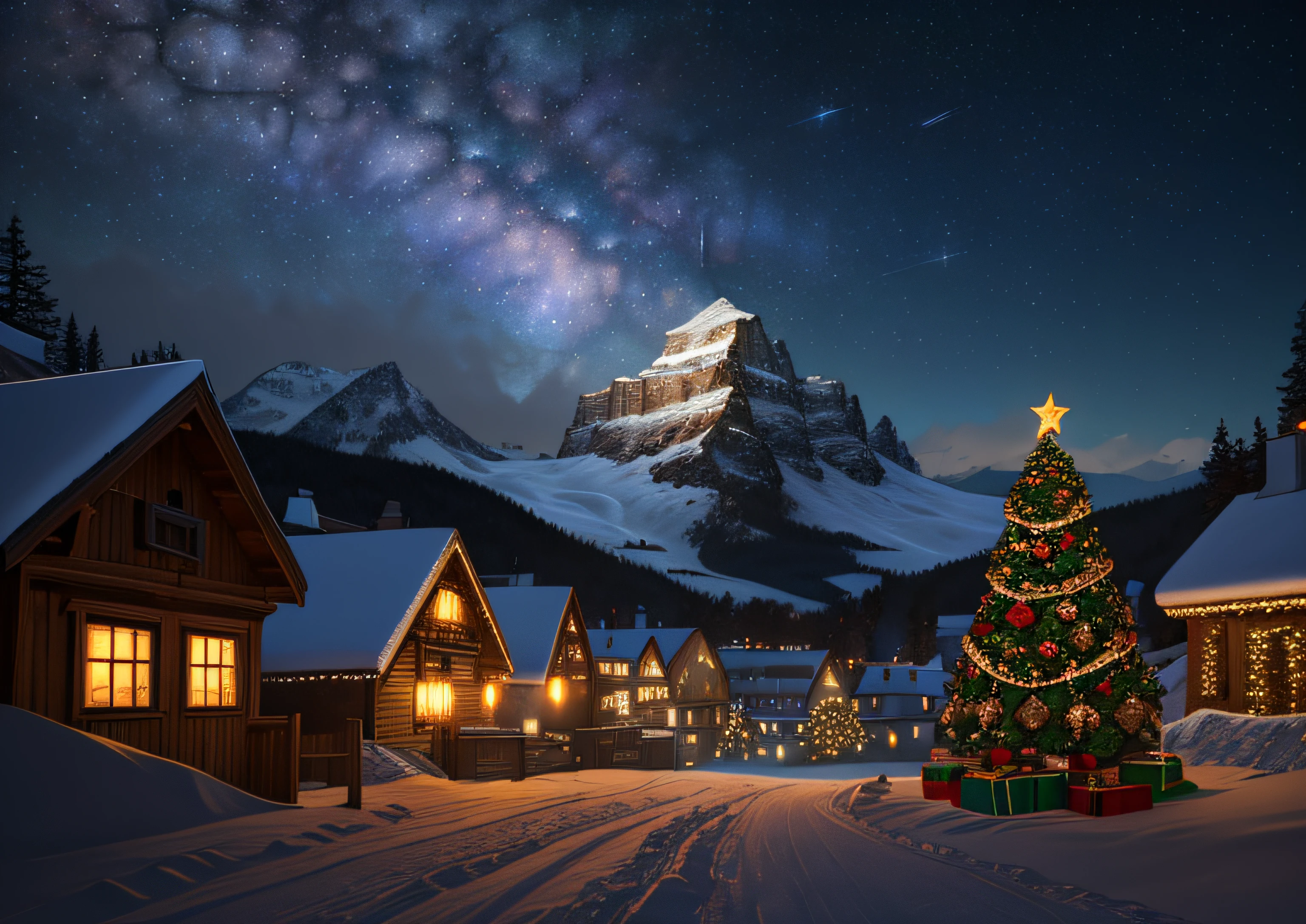 ((Best quality)), ((Masterpiece)), ((Ultra photo realsisim)), ((starrysky)), vast snowy mountain range, Blizzard, sprawling medieval city in the distance,Christmas tree,sled,santa,Christmas atmosphere,The background is blurred out, bokeh, 中景 the scene is, Visually stunning, Painted landscapes, concept-art, Trends on Artstation, artgerm, cgsociety