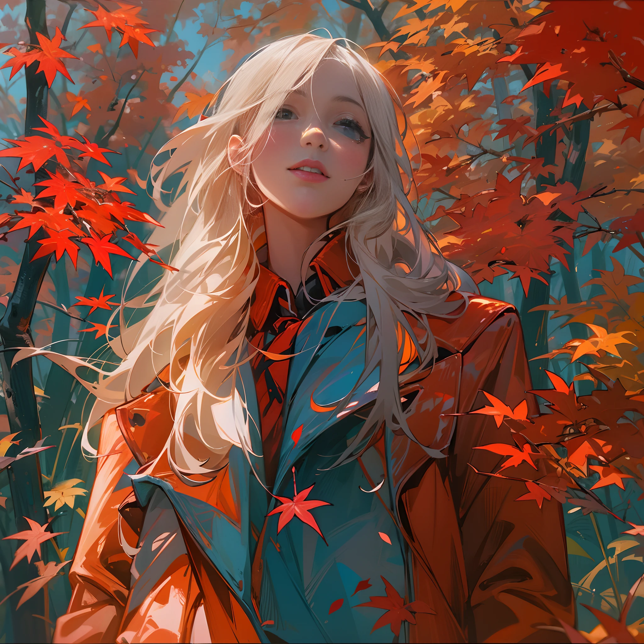 Overlooking the scene，isometry，Beautiful girl with blue umbrella，Stroll through a large red maple forest，The wind blows leaves and hair，Sunlight shines through gaps in the trees，Jesus light，Tyndall rays，Impresionismo，Girl with blue umbrella，Wears a long red trench coat，Silvery hair，Oil painting freehand style，filmposter，Sexy meat legs，Cocked buttocks，The ground is covered with red maple leaves，The sky is full of red maple leaves，Blue birds fly in the air，amazing light and shadow，Close-up of people，the setting sun，Side backlight，the soft light，Glowing skin