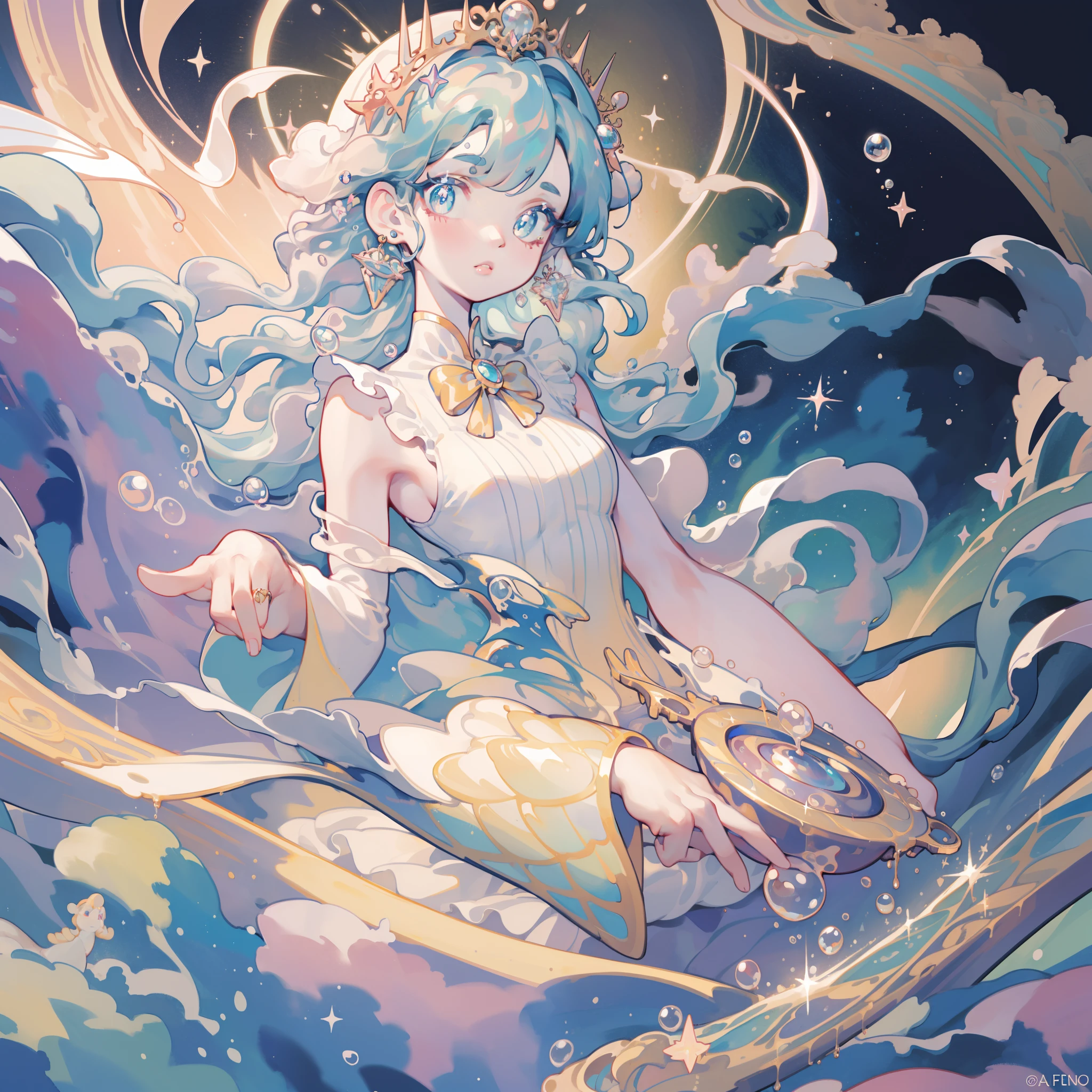 masterpiece, best quality, 8k resolution, sharp focus, intricate detail, beautiful girl, sparkling eyes, golden ratio face, otherworldly liquid, watercolor, pastel colors, bright colors, whimsical, colorful, sharp focus, high resolution, fine detail, princess layered ballgown, ((round eyes)), iridescent bubbles, magical