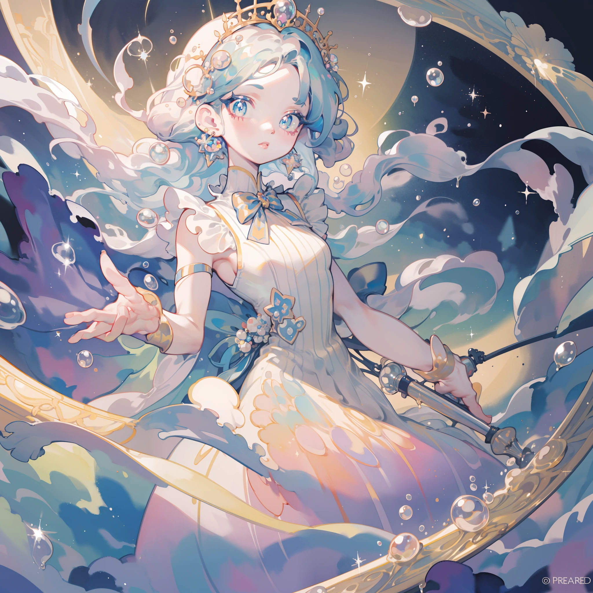 masterpiece, best quality, 8k resolution, sharp focus, intricate detail, beautiful girl, sparkling eyes, golden ratio face, otherworldly liquid, watercolor, pastel colors, bright colors, whimsical, colorful, sharp focus, high resolution, fine detail, princess layered ballgown, ((round eyes)), iridescent bubbles, magical