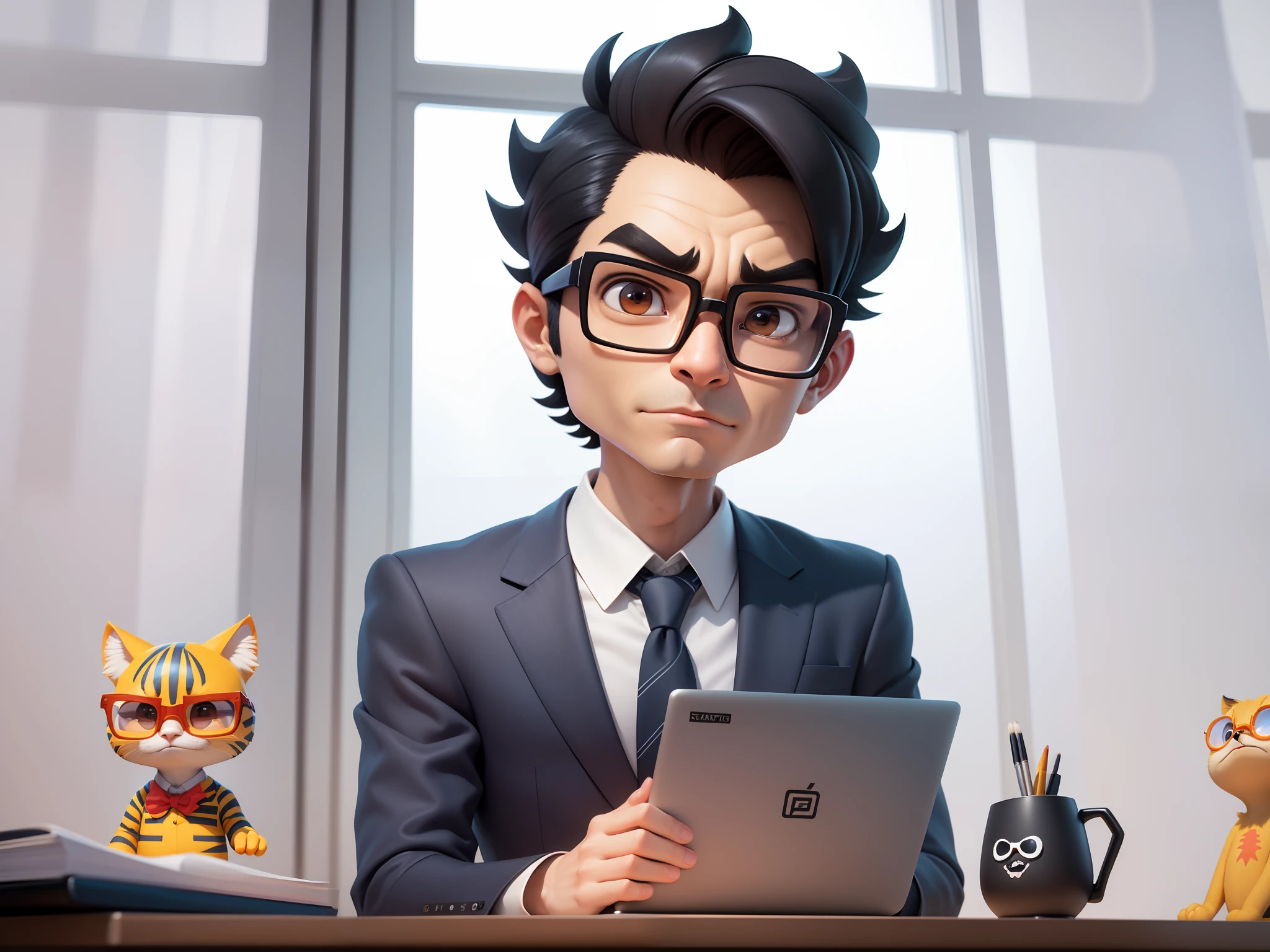 A young man in a suit, Short hair and glasses sat at his desk，holding laptop，digitial painting，tigre，3D character design by Mark Clairen and Pixar and Hayao Miyazaki and Akira Toriyama，4K HD illustration，Very detailed facial features and cartoon-style visuals。