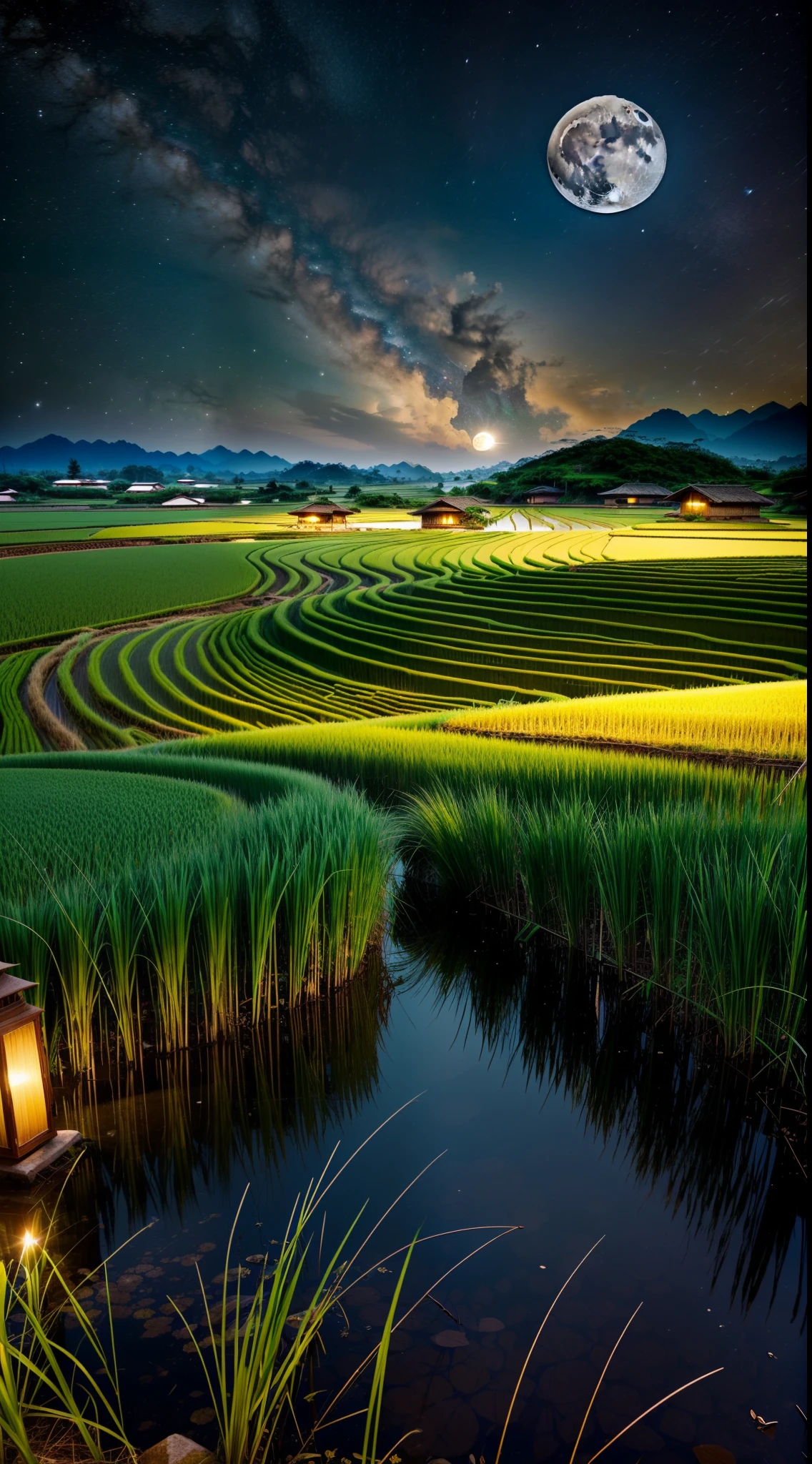 Draw a starry sky on canvas，Mature rice and paddy fields are drawn below，You can join the reflection of the reflected moon or the stars。A lantern with a bright moon or a soft glow is painted on one side，Draw a field path along the rice paddies，There can be trees or small villages in the distance。The attention to detail，Create light and shadow effects，Full of tranquil beauty。