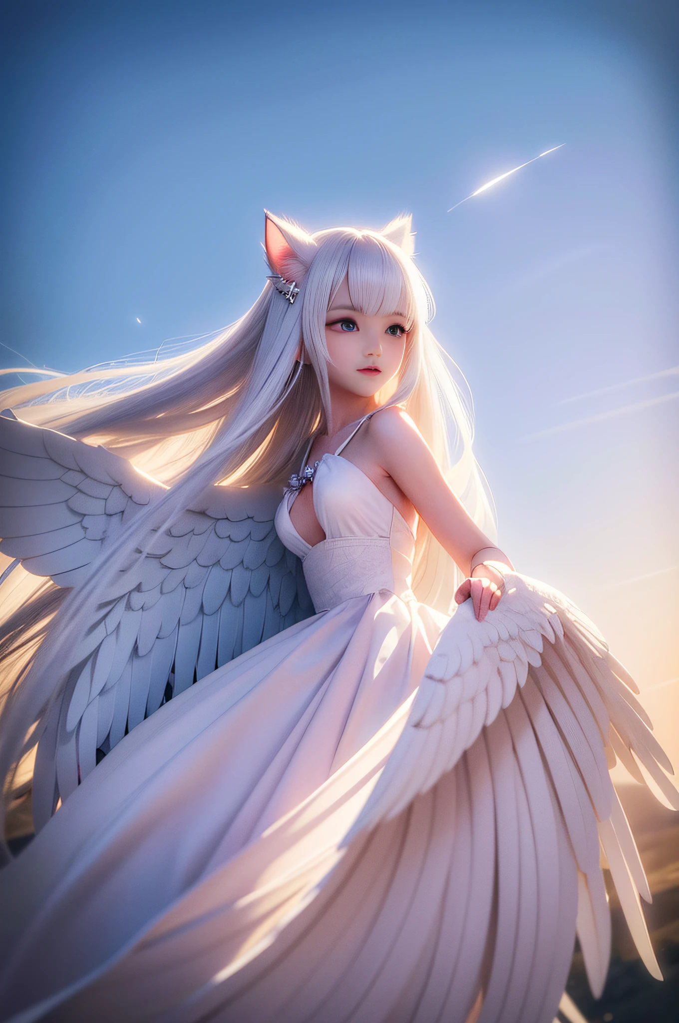 masterpiece, ((best quality)),highly detailed,pov,floating white feathers,backlighting,cloud,solo,(white_hair),long hair,yelow_eye,petite,large breast,(angel : cat_girl : 20),cat_ear,halo,wings,white_dress,