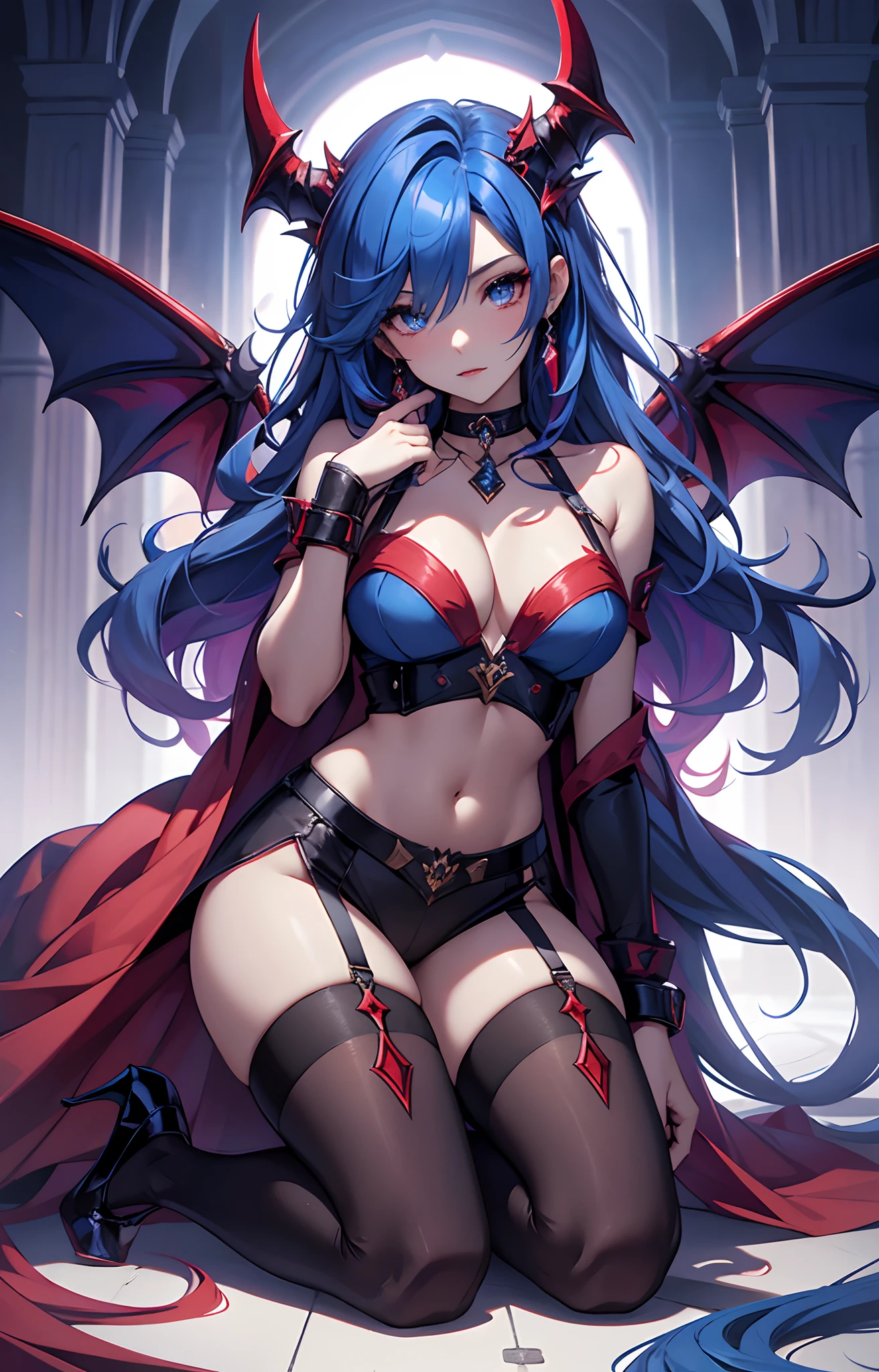 best qualityer,tmasterpiece,Ultimate resolution,downy,Extremely colorful,Colorful,Dragon beauty,Mature face shape,blue color eyes,red and blue hair,(Long red and blue hair),(Kneeling pose,blackstockings,high-heels)Redlip,choker necklace,Long messy hair,A pair of dragon horns,A pair of dragon wings,a matural female,Crop topping,Superskirt,The kinky is exposed,Sanctuary,Skysky,Normal posture