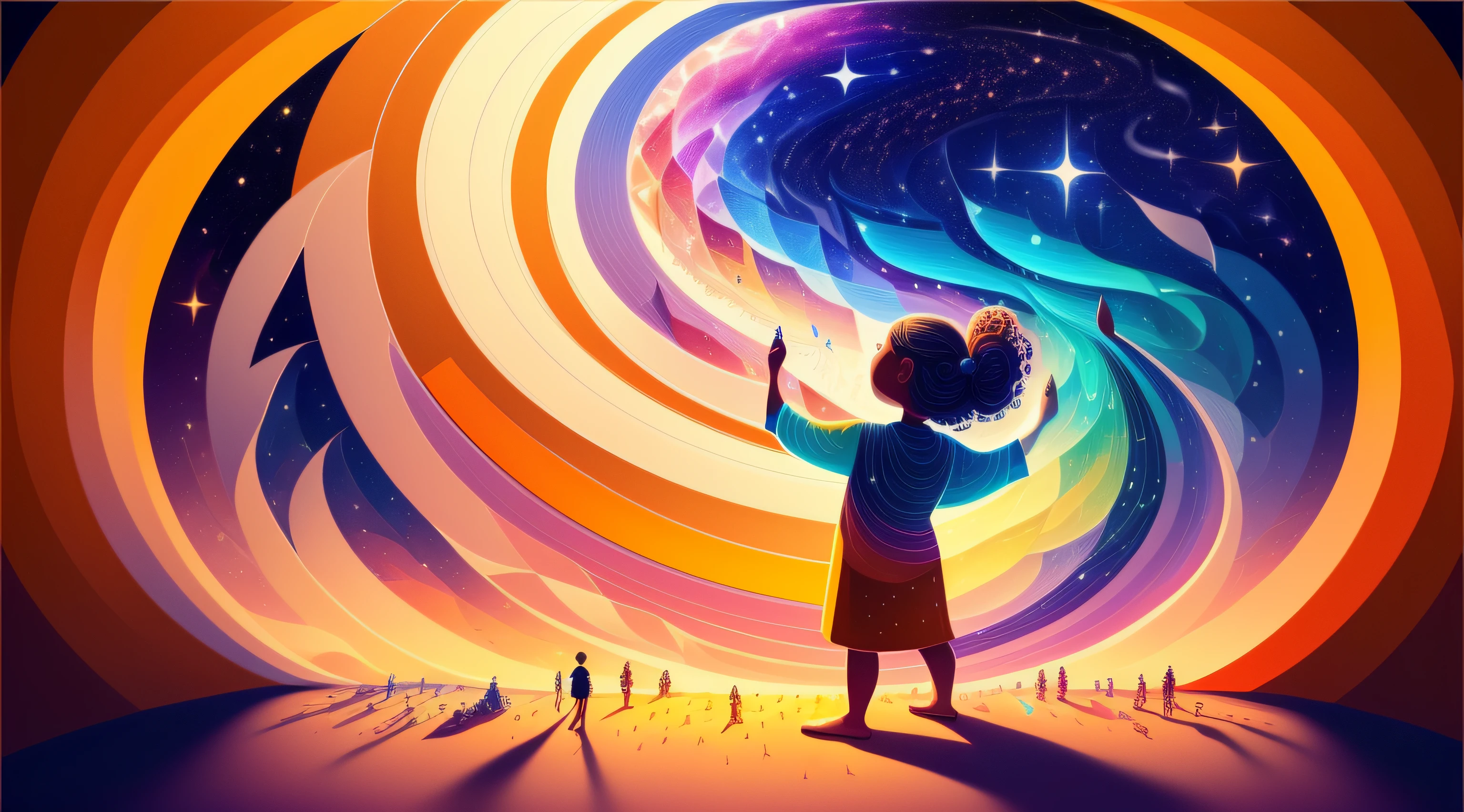 no centro da imagem, uma figura estilizada de uma pessoa, made with fluid and organic lines, is raising his hands toward the sky, como se estivesse moldando as estrelas e os planetas. The figure is formed by vivid and vibrant colors, representando a criatividade em sua forma mais pura. Your hands are surrounded by a vortex of light and energy, symbolizing the connection between creativity and the ability to create a positive impact. Em torno da figura central, A series of scenes unfold like intertwined constellations. Each scene depicts moments of transformation and helping people in need. Uma cena mostra a figura ajudando a construir casas, Another scene shows her sharing knowledge with the children, and a third scene shows her creating inspiring artwork to bring joy to communities.