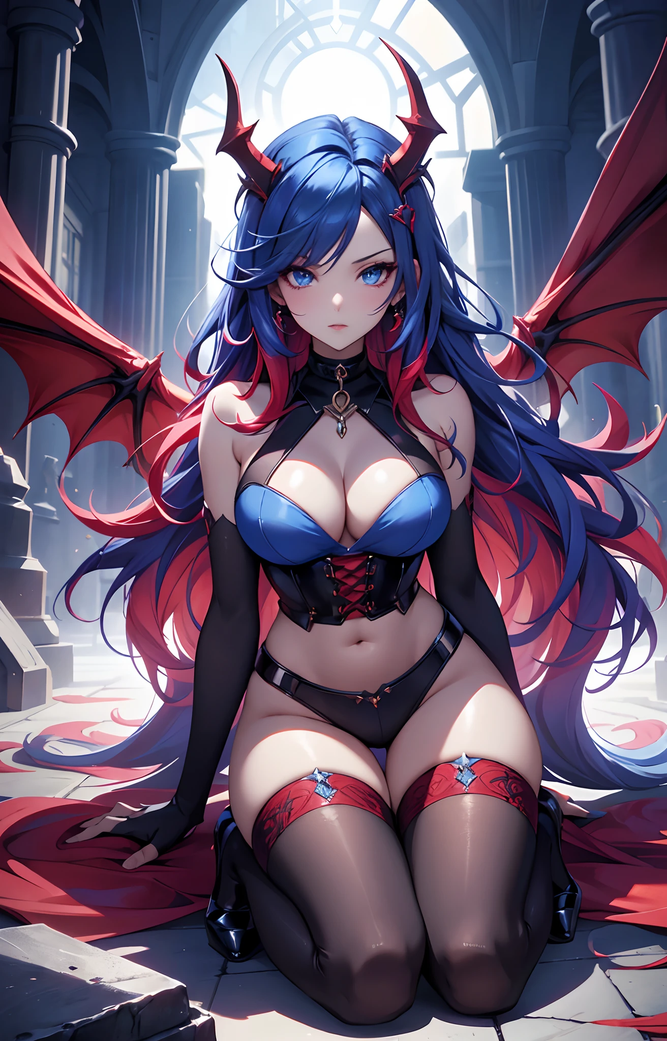 best qualityer，tmasterpiece，Ultimate resolution，downy，Extremely colorful，Colorful，Dragon beauty，Mature face shape，blue color eyes，red and blue hair，（Long red and blue hair），（Kneeling pose，blackstockings，high-heels）Redlip，choker necklace，Long messy hair，A pair of dragon horns，A pair of dragon wings，a matural female，Crop topping，Superskirt，The kinky is exposed，Sanctuary，Skysky，Normal posture