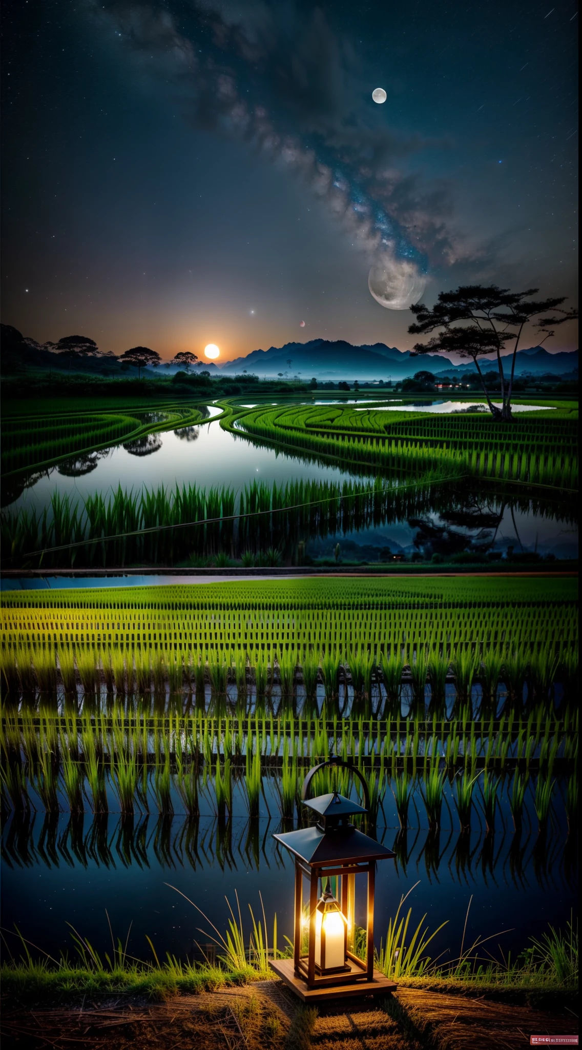 Draw a starry sky on canvas，Mature rice and paddy fields are drawn below，You can join the reflection of the reflected moon or the stars。A lantern with a bright moon or a soft glow is painted on one side，Draw a field path along the rice paddies，There can be trees or small villages in the distance。The attention to detail，Create light and shadow effects，Full of tranquil beauty。