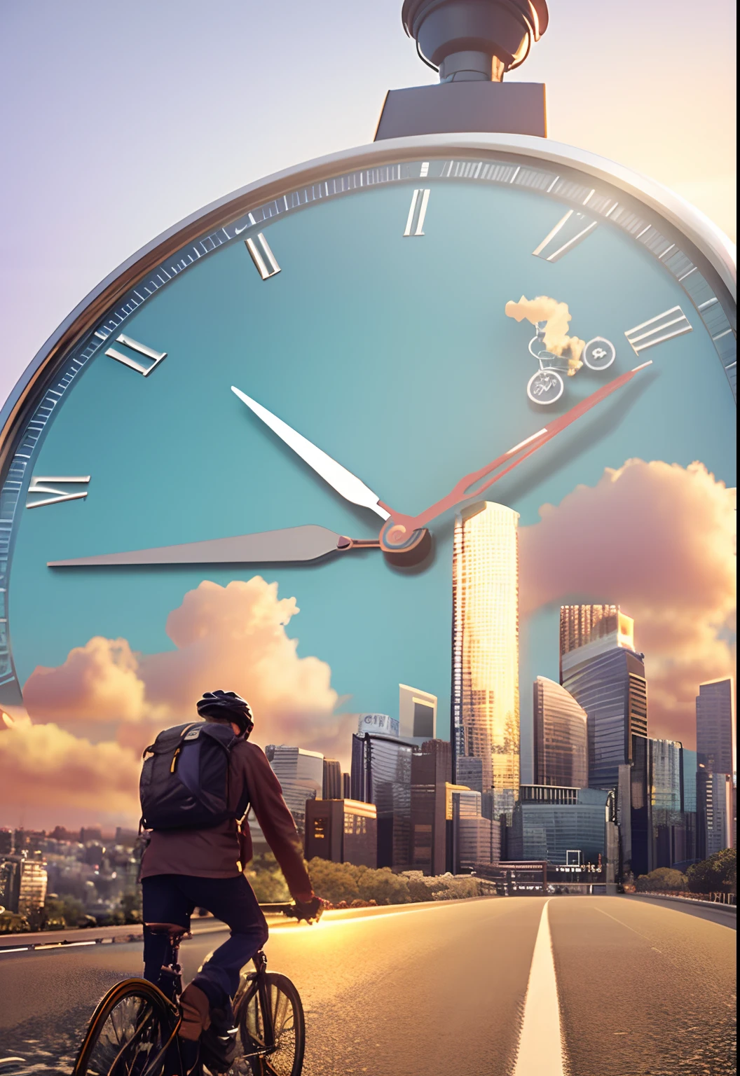 Man riding a bike on the road,The background is the clock, Walk towards the city on a wide road,3d,4K