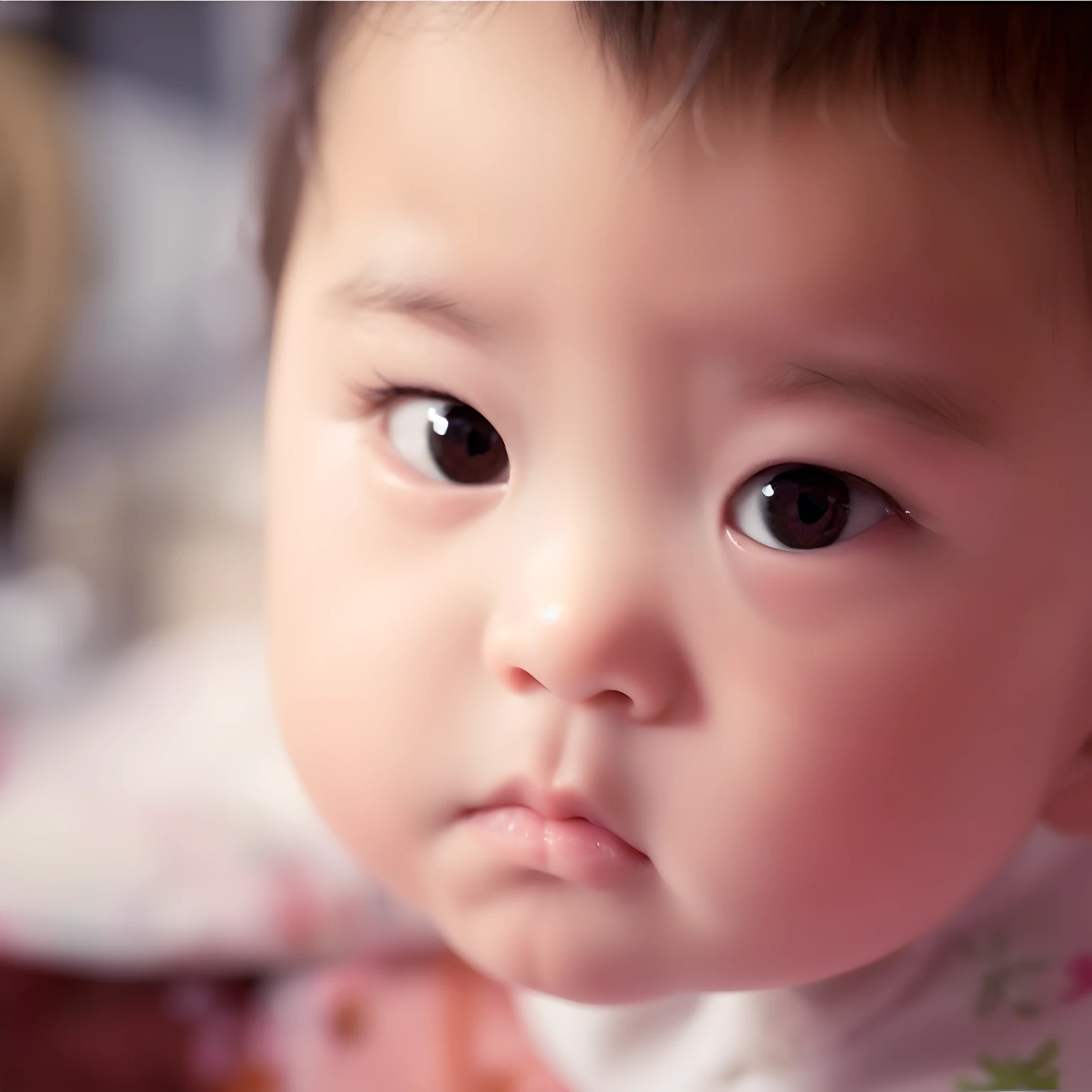 There was a baby looking at the camera, with cute doting eyes, beautiful light big eyes, closeup of an adorable, beautiful lovely, adorable big eyes, young cute wan asian face, lovingly looking at camera, cute round slanted eyes, adorable big eyes, soulful eyes, adorable eyes, a close up portrait photo, Innocent face, close - up portrait shot