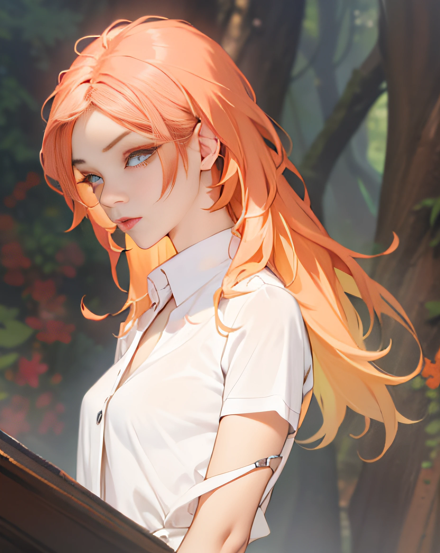 tmasterpiece,Kizi,Lots of detail,Look ahead,orange color hair,(toplight),Flowing short hair,Exquisite facial features,Stunning makeup,largeeyes,beautidful eyes,long eyelasher,Red lips,eye makeup,Shining