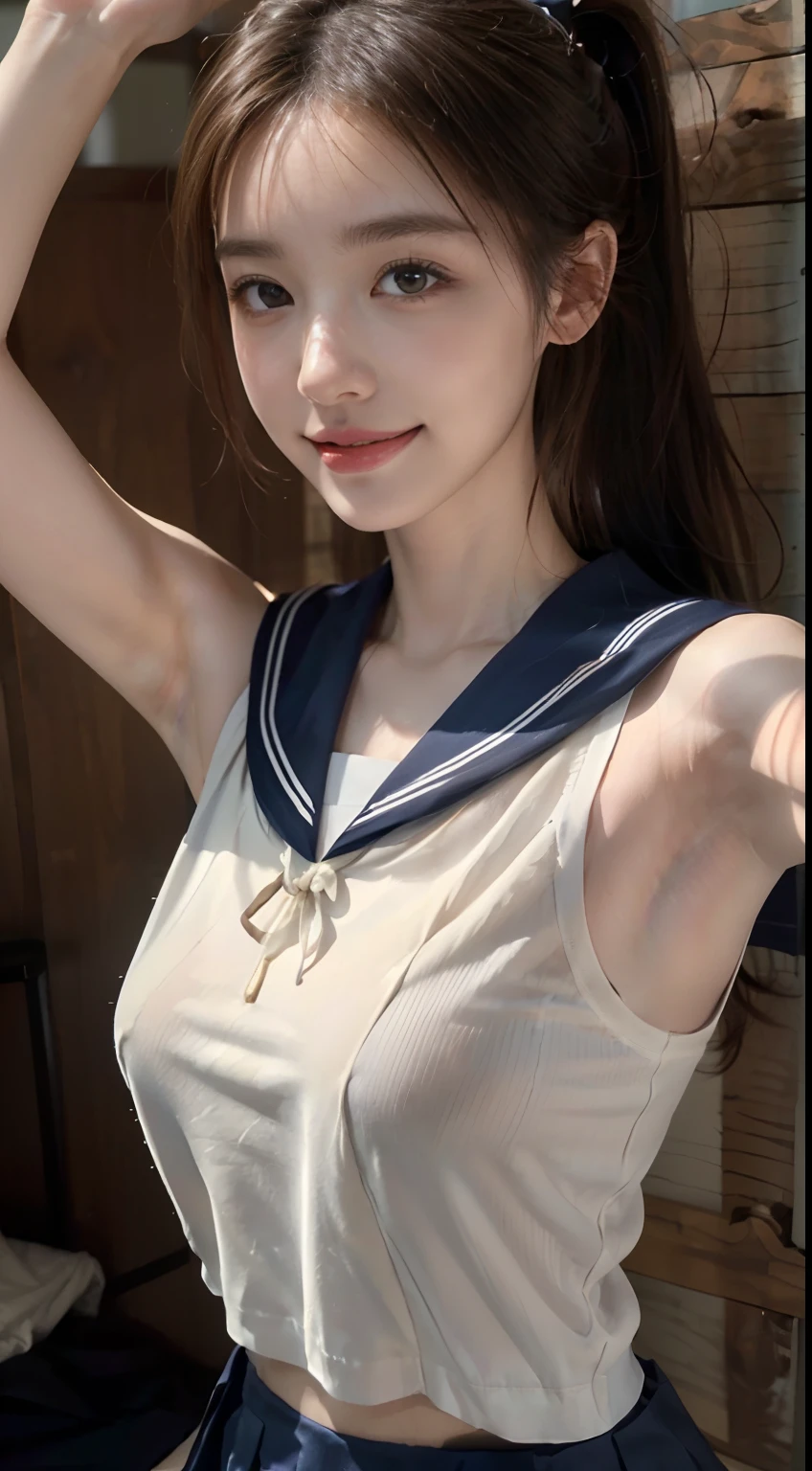((Raise your hands to expose your armpits、Underarms、Show underarms、Dampness and glowing armpits、Shiny underarms、Glowing armpits、Ultra-realistic armpit wrinkles、Japanese high school girl、White sleeveless Japanese schoolgirl uniform、Sleeveless high school girls、Details armpit wrinkles in clothes、Realistic armpits、shooting full body、Full body figure、Raise your hands to expose your armpits、Shiny armpits、White sleeveless sailor uniform,Show armpits on the uniform、red lipsticks、ssmile、High-Ponytail hairstyle)), ((Summer clothes for schoolgirls、Show off your armpits in a white sleeveless uniform、独奏、A smile)) 、(Photos realistic、Show underarms、Underarm shines), (A high resolution), (8K), (The is very detailed), (Best Live Action), (beatiful detailed eyes), (top-quality), (ultra - detailed), (tmasterpiece), (the wallpaper), (详细的脸), drooing eyes,perspired,Your body sparkles with sweat、Underarms,inner colored,独奏,Japanese high school girl、Sleeveless clothing、Sleeveless、Underarms、red lipsticks、 (A high resolution), (8K), (The is very detailed), (The best illustrations), (beatiful detailed eyes), (top-quality), (ultra - detailed), (tmasterpiece), (the wallpaper), (详细的脸), A park,Underarms, Slim figure,short-hair,inner colored,独奏,shooting full body、Full body figure、Raise your hands to expose your armpits、Underarms、 (Photos realistic), (A high resolution), (8K), (The is very detailed), (Best Live Action), (beatiful detailed eyes), (top-quality), (ultra - detailed), (tmasterpiece), (the wallpaper), (详细的脸), drooing eyes、Underarms,High ponytail、inner colored,独奏, Japanese high school girl、((Sailor's uniform sleeveless uniform:1.4))、 (top-quality、8K、tmasterpiece:1.3)、RAW photography、hentail realism、Photorealsitic、Beautiful legs、acurate、tre anatomically correct(masutepiece:1.2), Realistic,(ultra-realistic realism), (illustratio), (A high resolution), (8K), (The is very detailed), (The best illustrations), (beatiful detailed eyes), (top-quality), (ultra - detailed), (tmasterpiece), (the