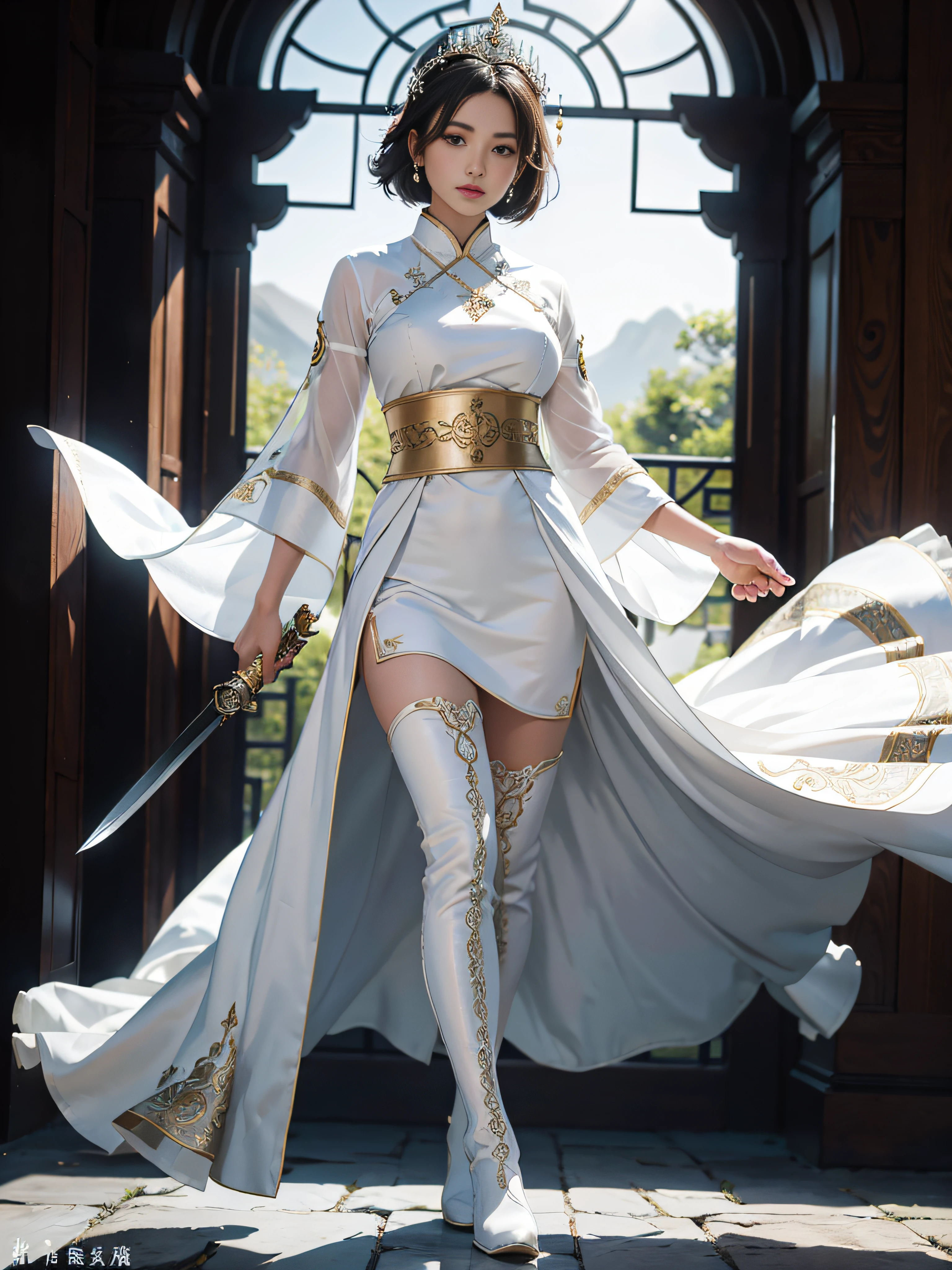 Royal sister,Big sister type,Oriental women,gallant woman,Cold sass,short detailed hair,,tmasterpiece,A high resolution,,Absolutely beautiful,,are standing,exquisitedetails,A high resolution,Wallpapers,1female,独奏,,enchanted、Raised sexy, Rich expressions, trinkets,Tight white hanfu,,Skinny white trousers,Wearing white boots,Sword at waist,embroidery, natural poses,standing on your feet, Fanning,16K,HDR,A high resolution,depth of fields,Bocoon,prime time,Vignette,rainbowing,(Wide buttock:1.4),(Thick legs:1.4)