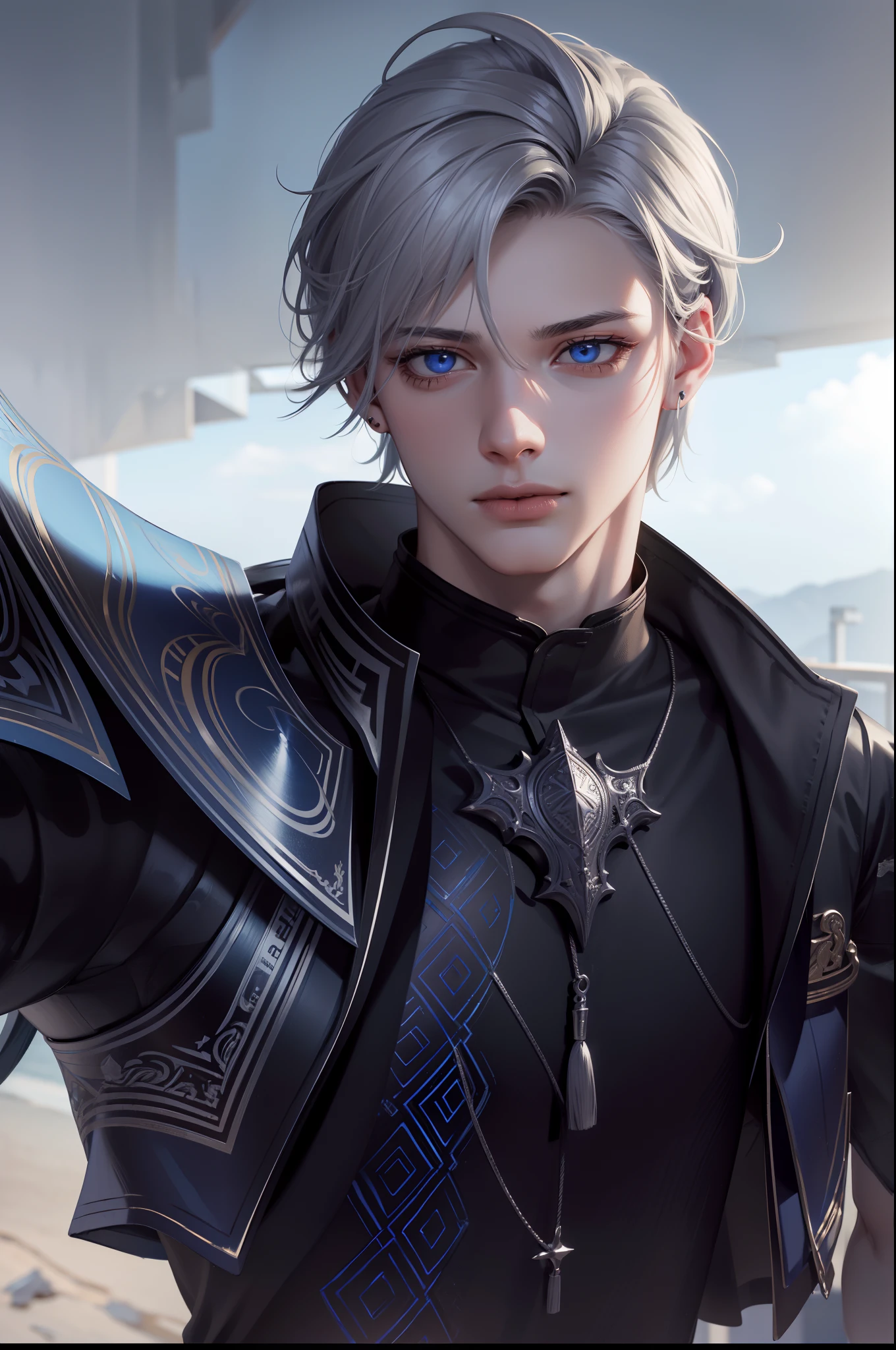 (( )), ashva, clothed, masculine male, masterpiece, ((perfect eyes)) best quality, (semirealism:1.9), beautiful lighting, (extremely detailed CG unity 4k fhd wallpaper),realistic,High Detail, Sharp focus, dramatic outdoors, 1boy,19 years old, grey hair, blue eyes, smile, makeup, parted lips, full body, pants, standing, wearing shirt, holding a cup, bright blue background