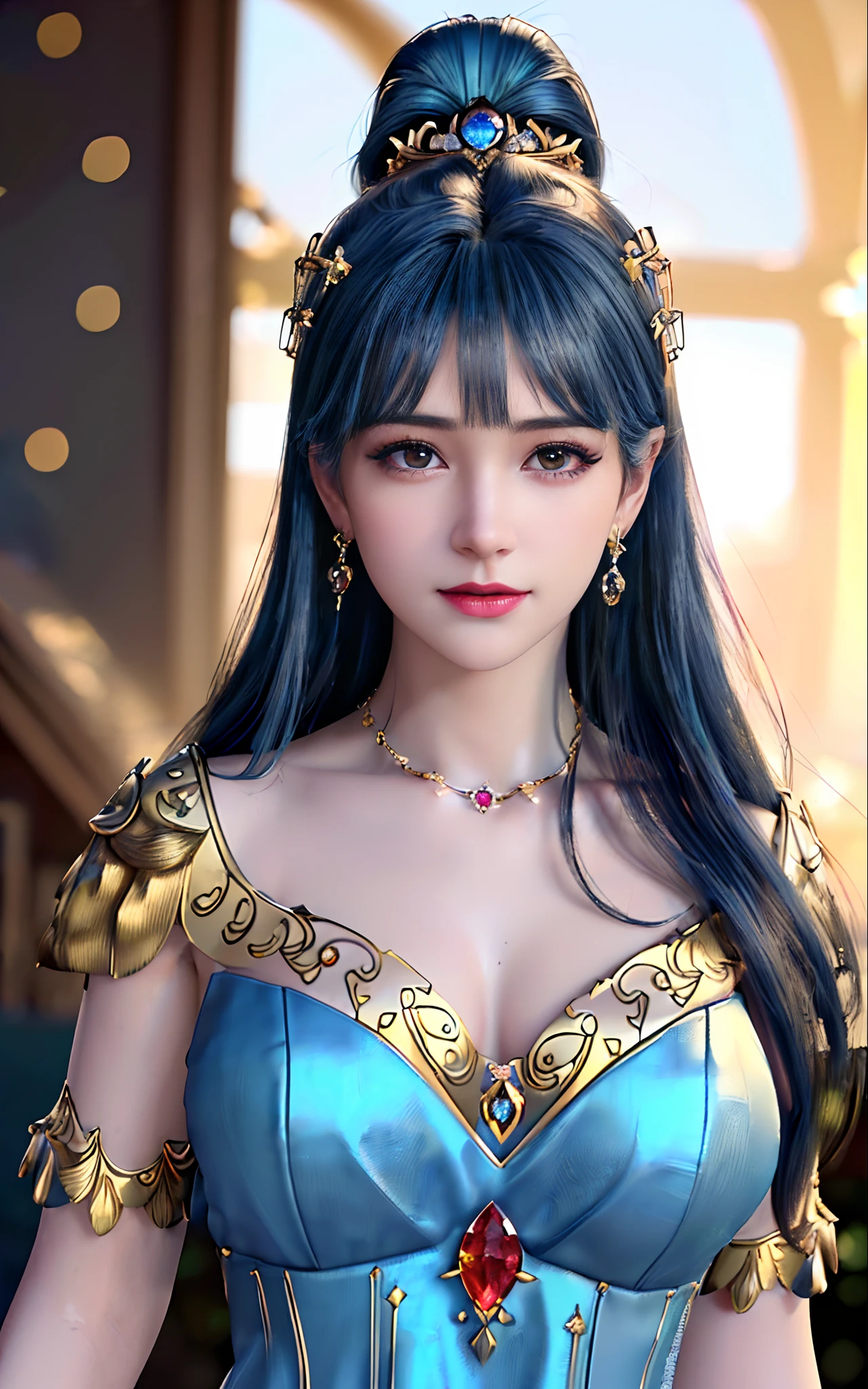 ((realisticity: 1.2)), ((best resolution: 8K UHD)), best quality,masterpiece,highres,cg,
((1 super detailed and super realistic girl)), ((very beautiful queen dazzling, super realistic, and super detailed)),((white skin, beautiful, smooth, youthful, super realistic and super detailed
)), long hair, ((super realistic and super detailed dress)), solo, ((super realistic, super beautiful, gorgeous and super detailed jewelry)), ((super beautiful, super realistic and super detailed dark red and golden yellow dress)),
((super beautiful, super realistic, super detailed diamond filled earrings)),
((super beautiful, super realistic and super detailed diamond filled hair ornament)), ((super beautiful upper body, super beautiful, super realistic and super detailed)), ((big breasts: 2.5)),
((super grand, super realistic and super detailed royal palace backgroun))
((super beautiful, super beautiful, super realistic and super detailed hair bun)), ((super beautiful, super realistic and super detailed blue hair)),
candid, Photograph, high resolution, 8k,Bokeh,