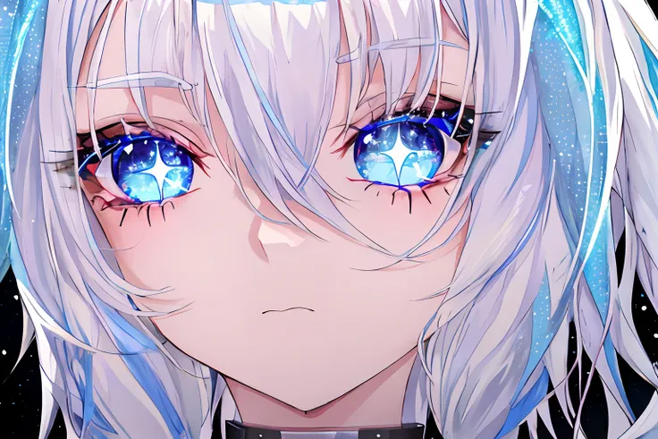 a girl with white hair that fades to pastel blue, has two glitters on her cheeks, blue eyes with two sparkles. the bangs fall do...