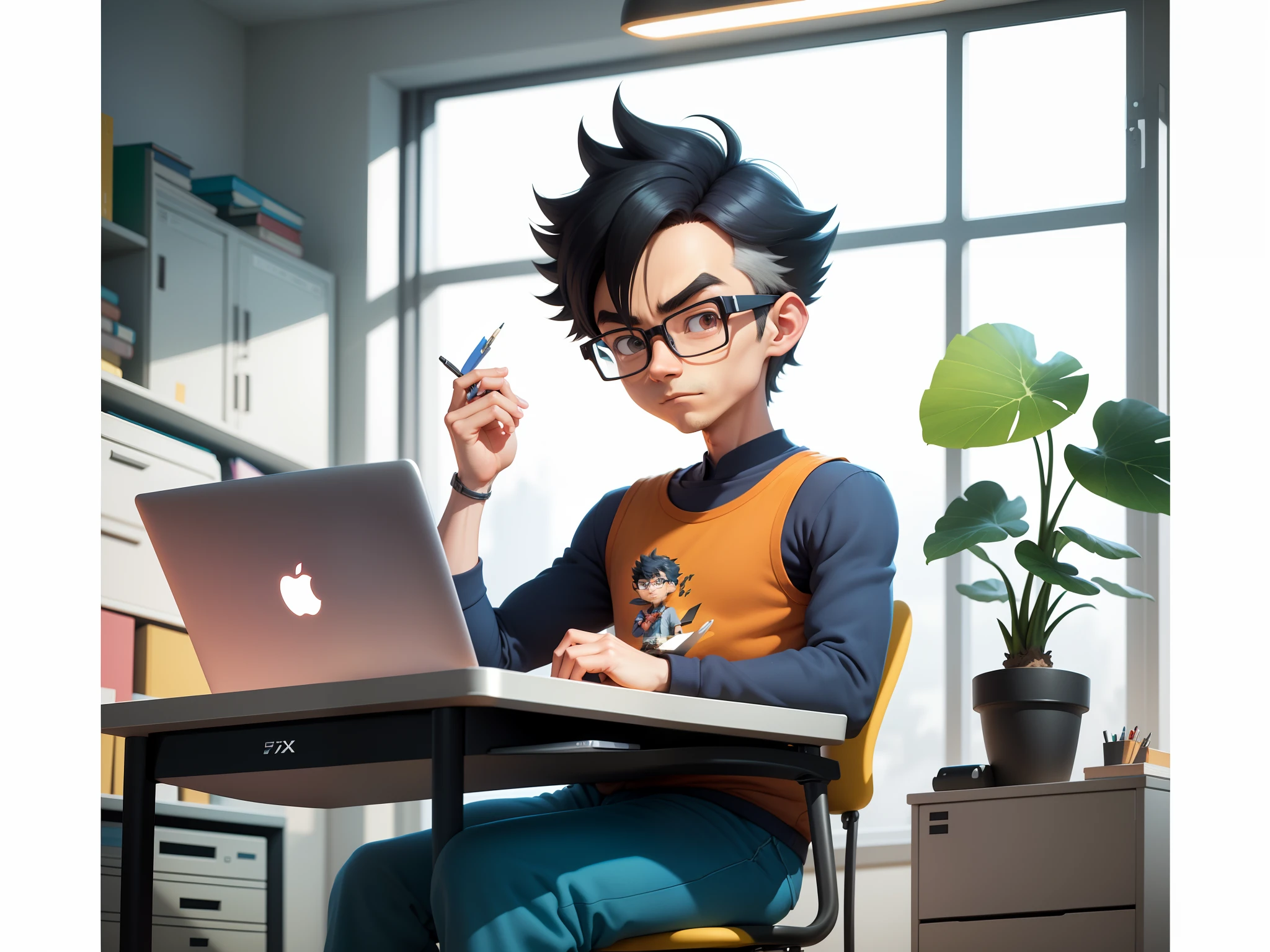 A young man with glasses sits at his desk，holding laptop，digitial painting，3D character design by Mark Clairen and Pixar and Hayao Miyazaki and Akira Toriyama，4K HD illustration，Very detailed facial features and cartoon-style visuals。