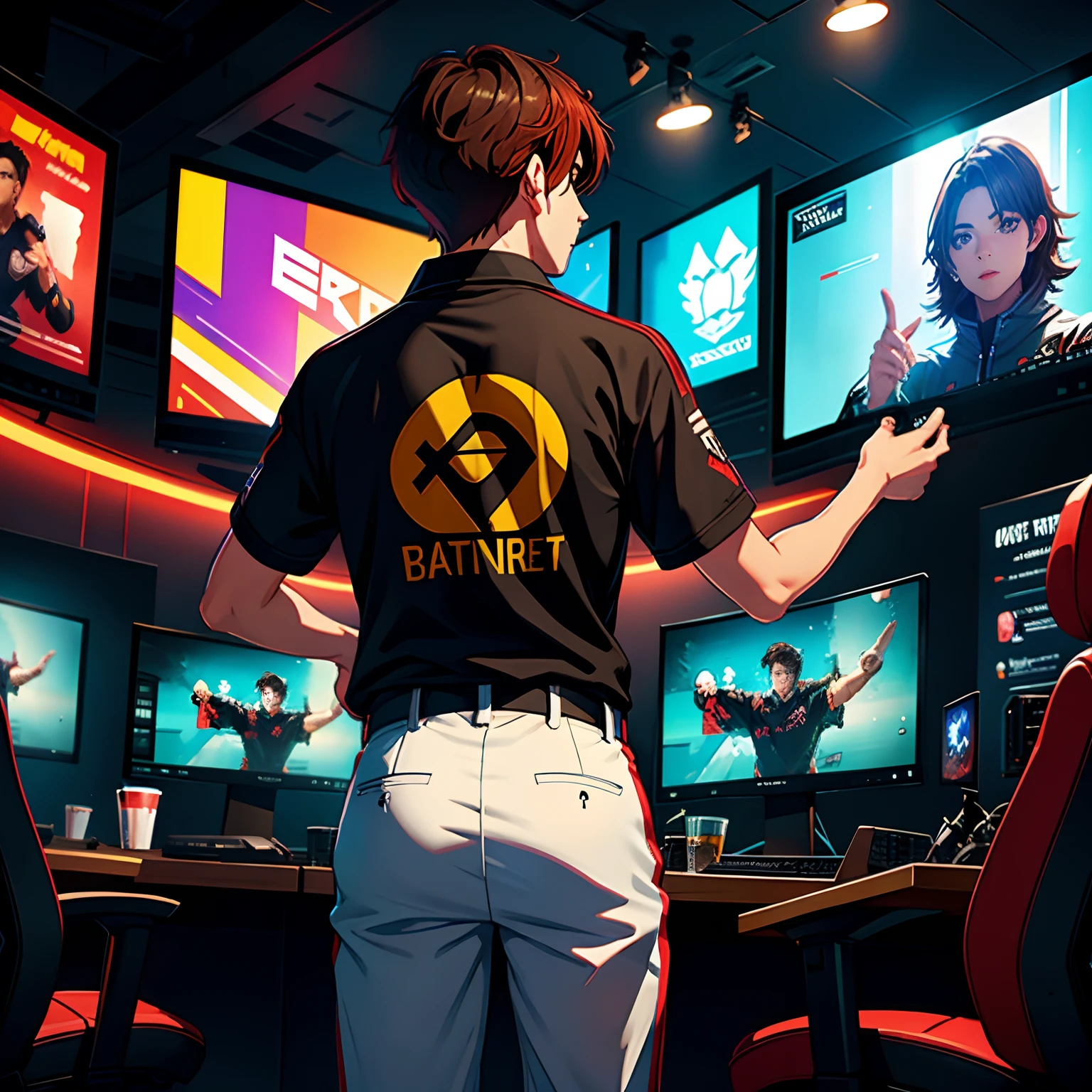 ，A young man with short brown hair，esports players，facing away，Look at the big screen