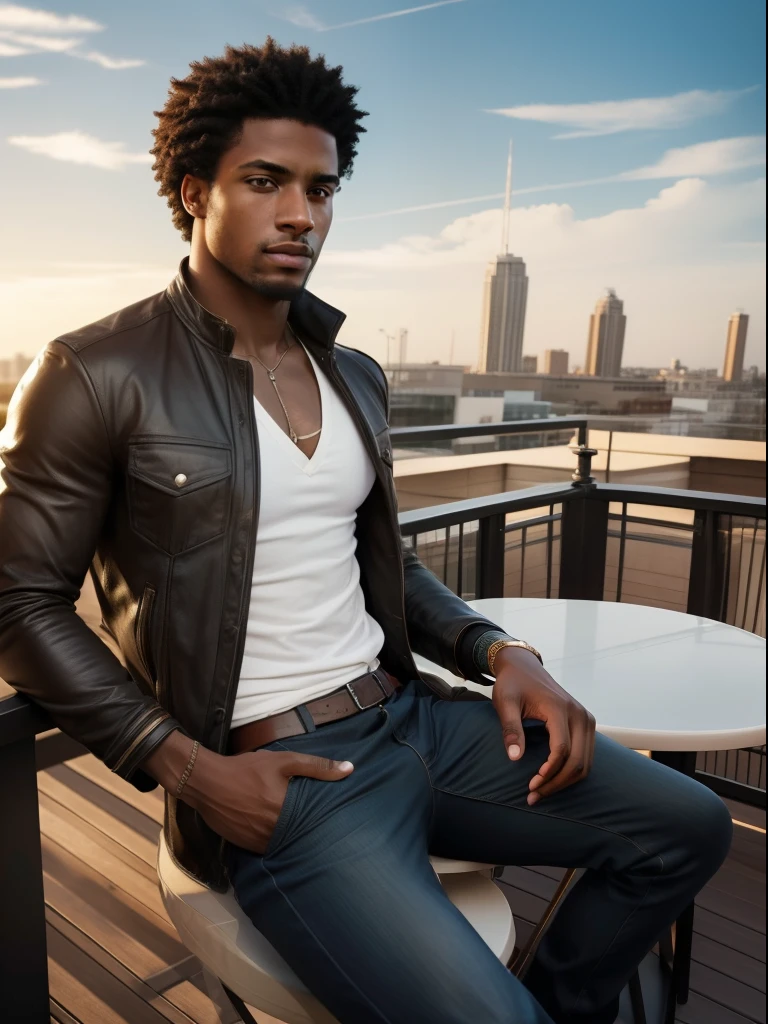 ( masterpiece) , realistic, portrait of a young Afro-American man, insanely handsome face, sunlight, cinematic light, messy windy hair, stunningly handsome man, beautiful eyes, perfect anatomy, very masculine , tanned golden skin, prince hazel eyes, ( enclosing the head in a frame) , stylized, 8 life - size, 8 K resolution, resting on the terrace of a cafe in trendy clothes, looking far away, human hands, strangely rich and masculine, full - body view, dynamic, very masculine, character sheets, concept art, smooth and distant view
