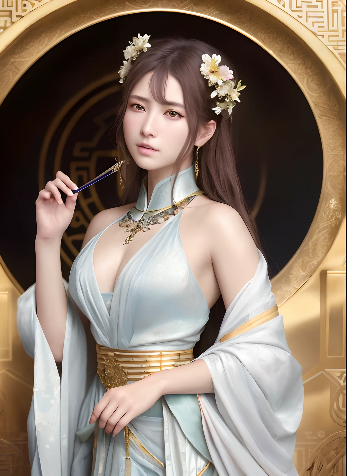 High quality, Masterpiece, Masterpiece, Exquisite facial features, Exquisite Hair, Elaborate Eyes, Delicate colored hair, 4K quality, Gorgeous light and shadow, Tyndall effect, Halo, Messy hair, Young state, Gorgeous scenes, Beautifully dressed, Chains, feater,Ancient Chinese beauties have big eyes and rich details, Digital painting, art  stations, concept-art, Sharp focus, illustration, greg rutkovsky（Greg Rutkowski）、An Alphonse Mucha's（Alphonse Mucha）and Victor Ngay（Victo Nkai）of works of art