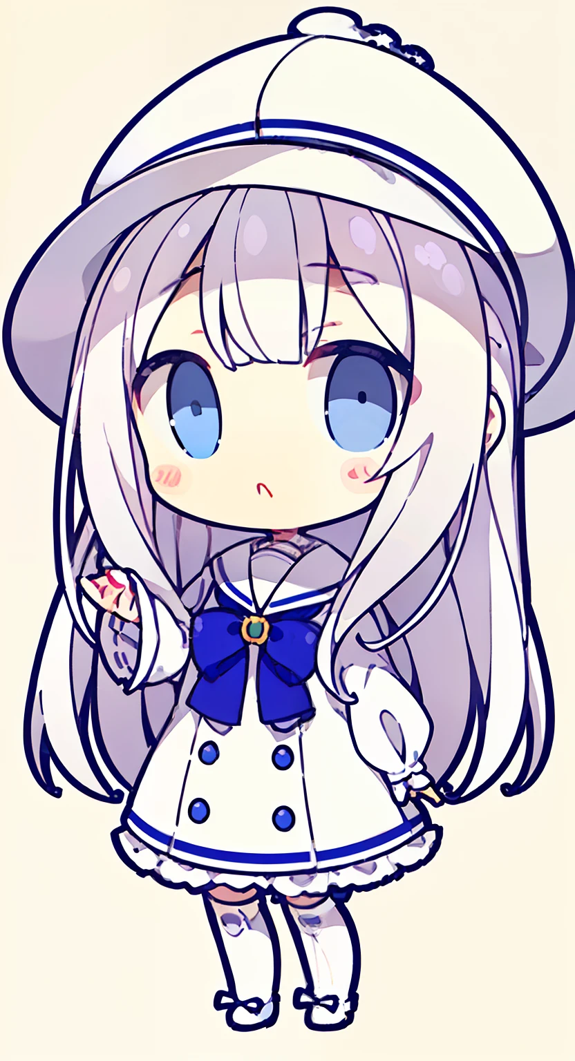 masutepiece, (Best Quality:1.3), Extremely detailed, Light purple and white, White Sailor Uniform, (((Beige hair)))、Sauce order、The eyes are light blue eyes、Standing picture、fullllbody、Whole body from head to foot、((littlegirl))、(Long hair)、((((Plain background))))、(((wide hat with white brim)))、Actress Cap、White straw hat、a miniskirt