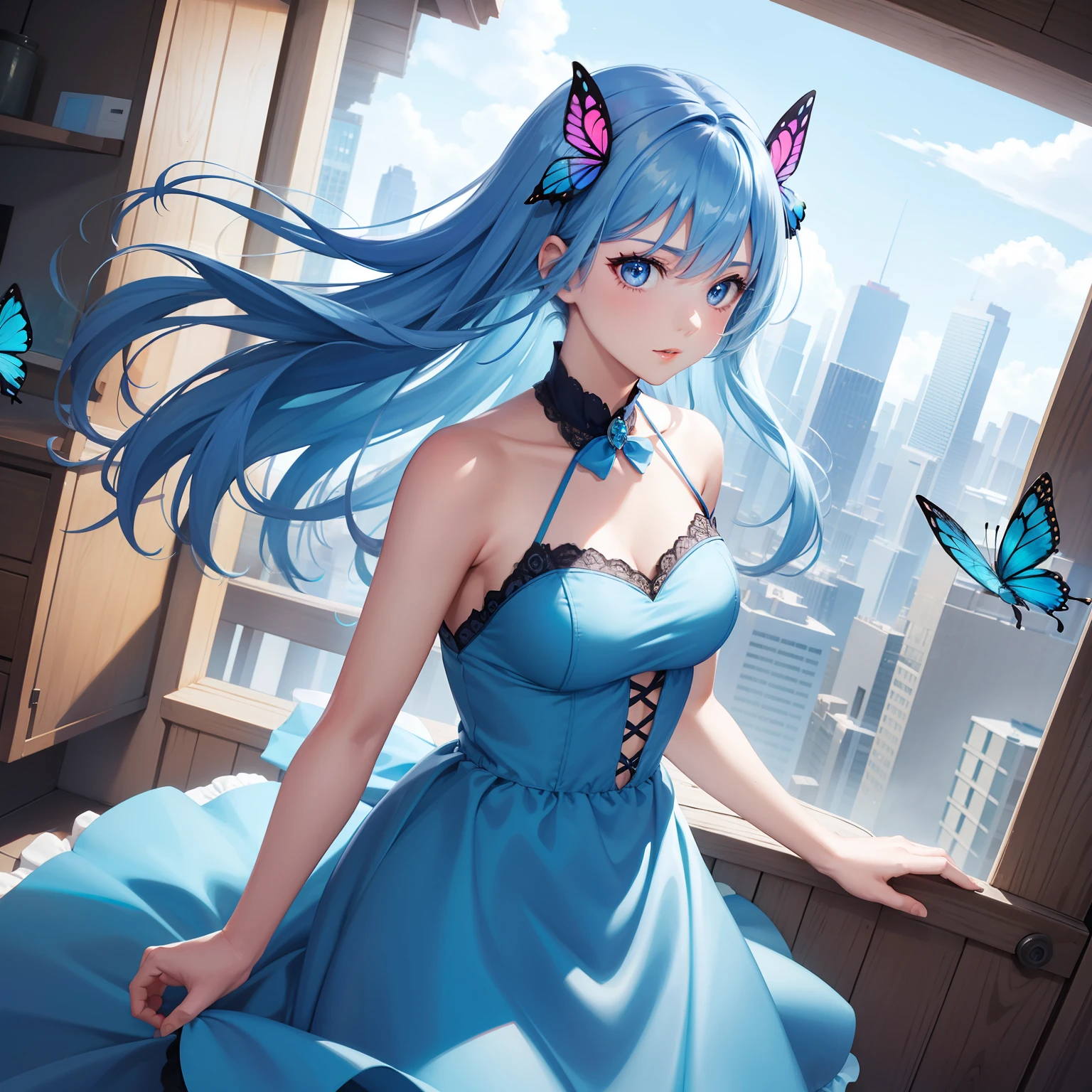a women, blue butterfly, blue hair, pink eyes, blue dress